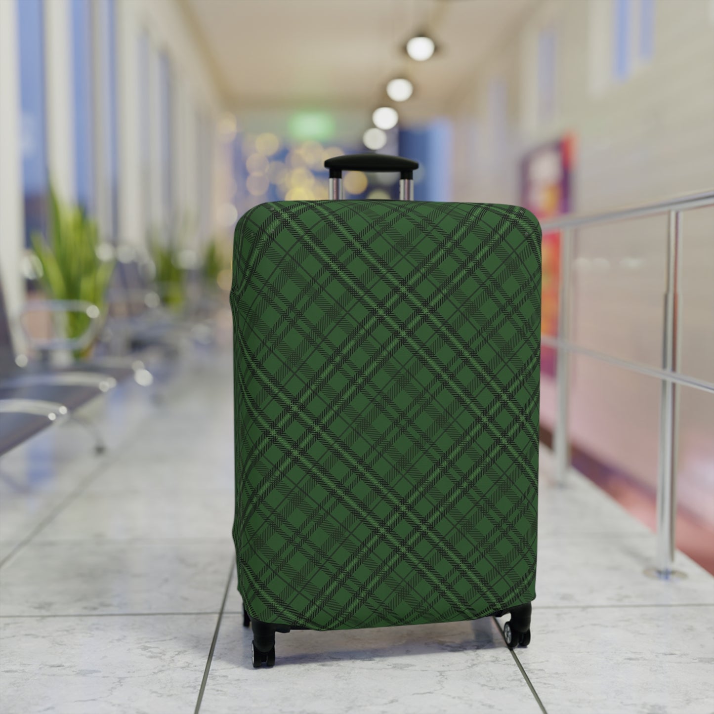 Emerald Isle green plaid stretch luggage cover fitted on rolling suitcase