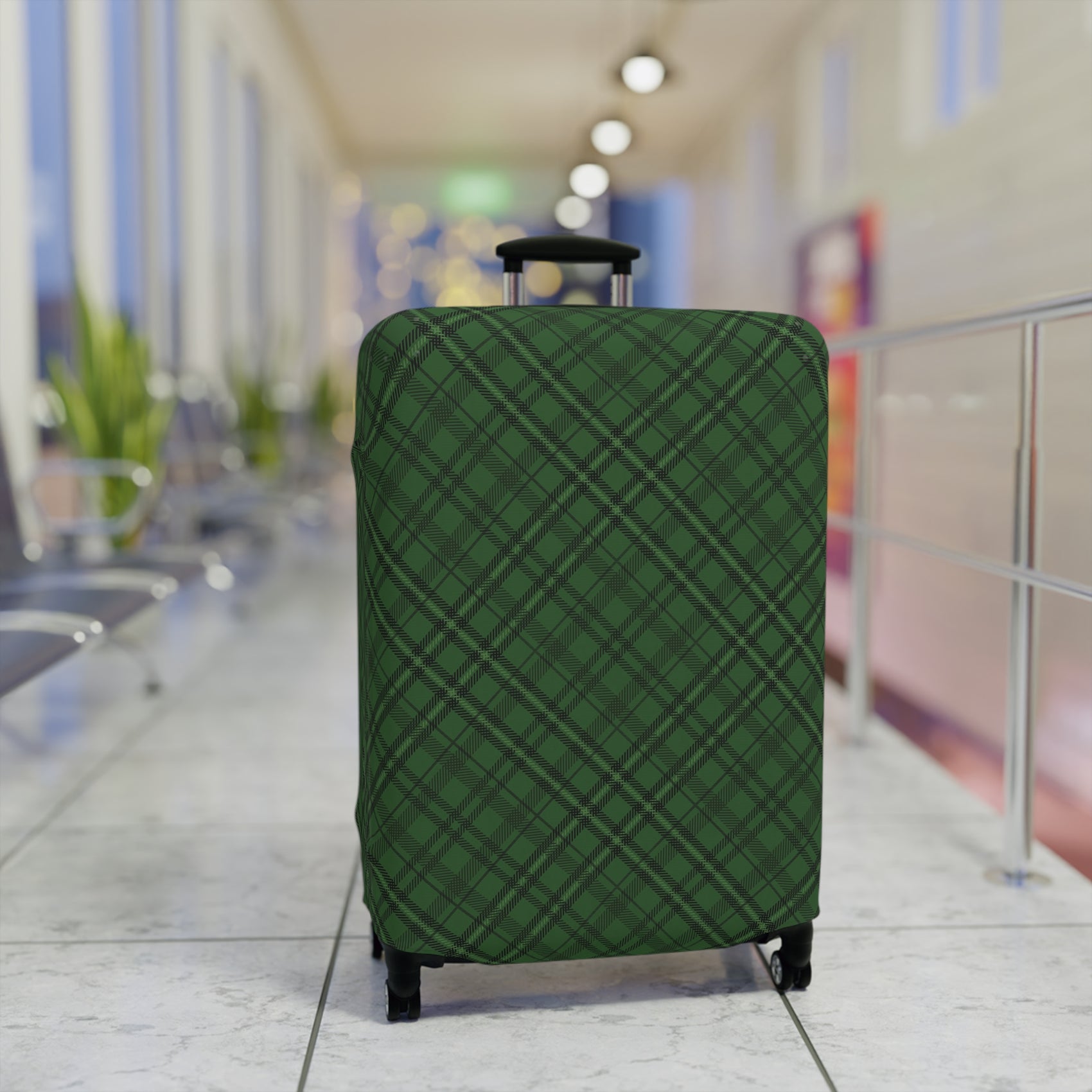 Emerald Isle green plaid stretch luggage cover fitted on rolling suitcase
