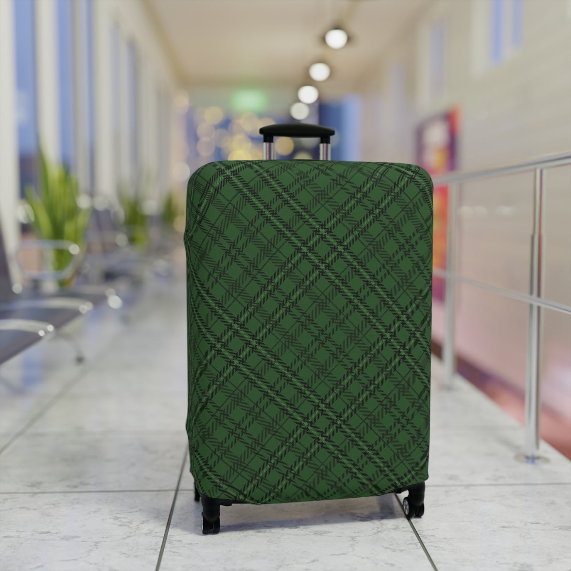 Emerald Isle green plaid stretch luggage cover fitted on rolling suitcase