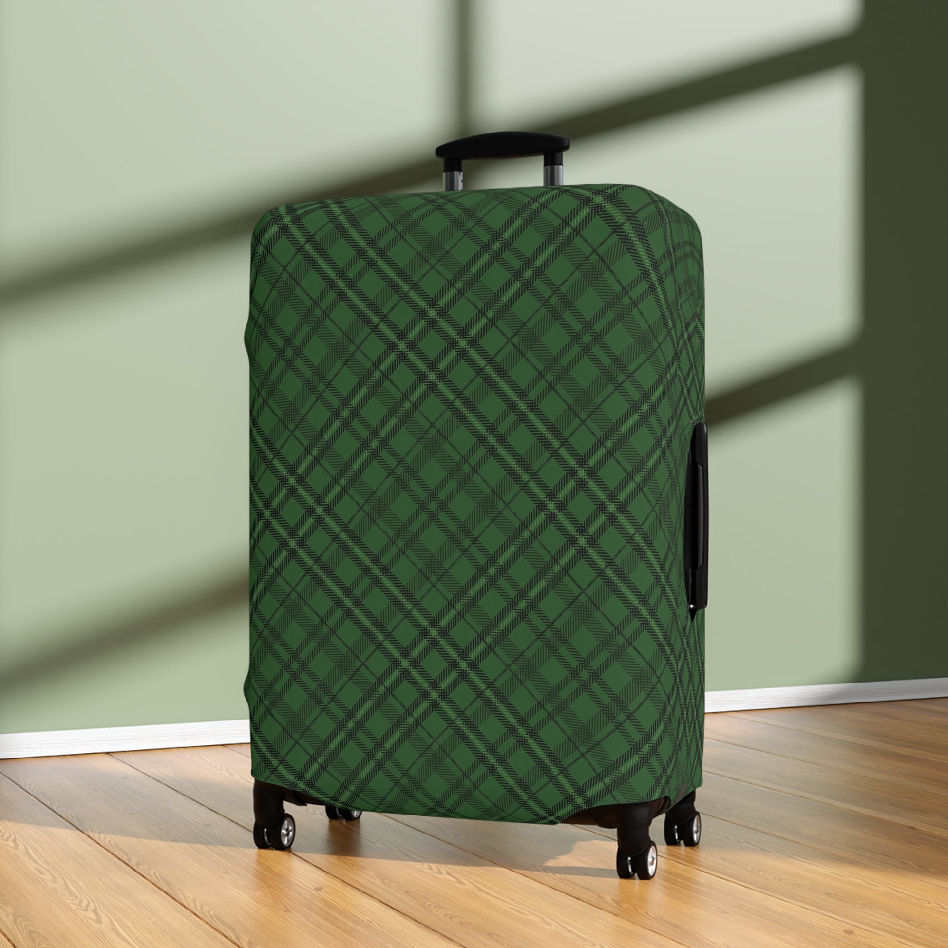Emerald Isle green plaid stretch luggage cover fitted on rolling suitcase
