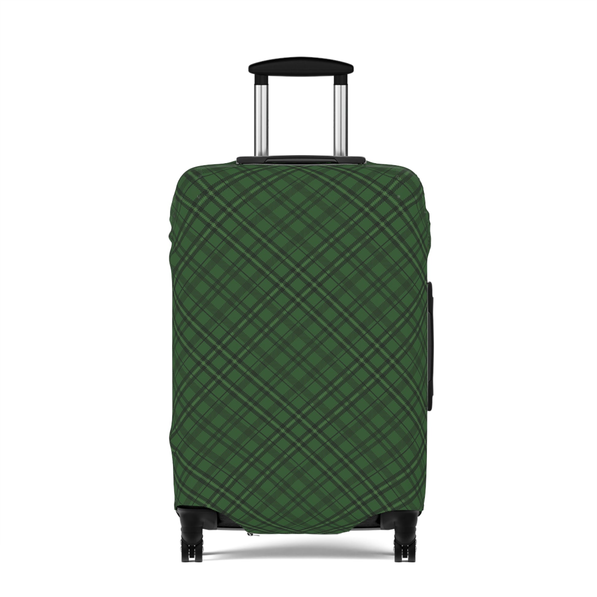 Emerald Isle green plaid stretch luggage cover fitted on rolling suitcase