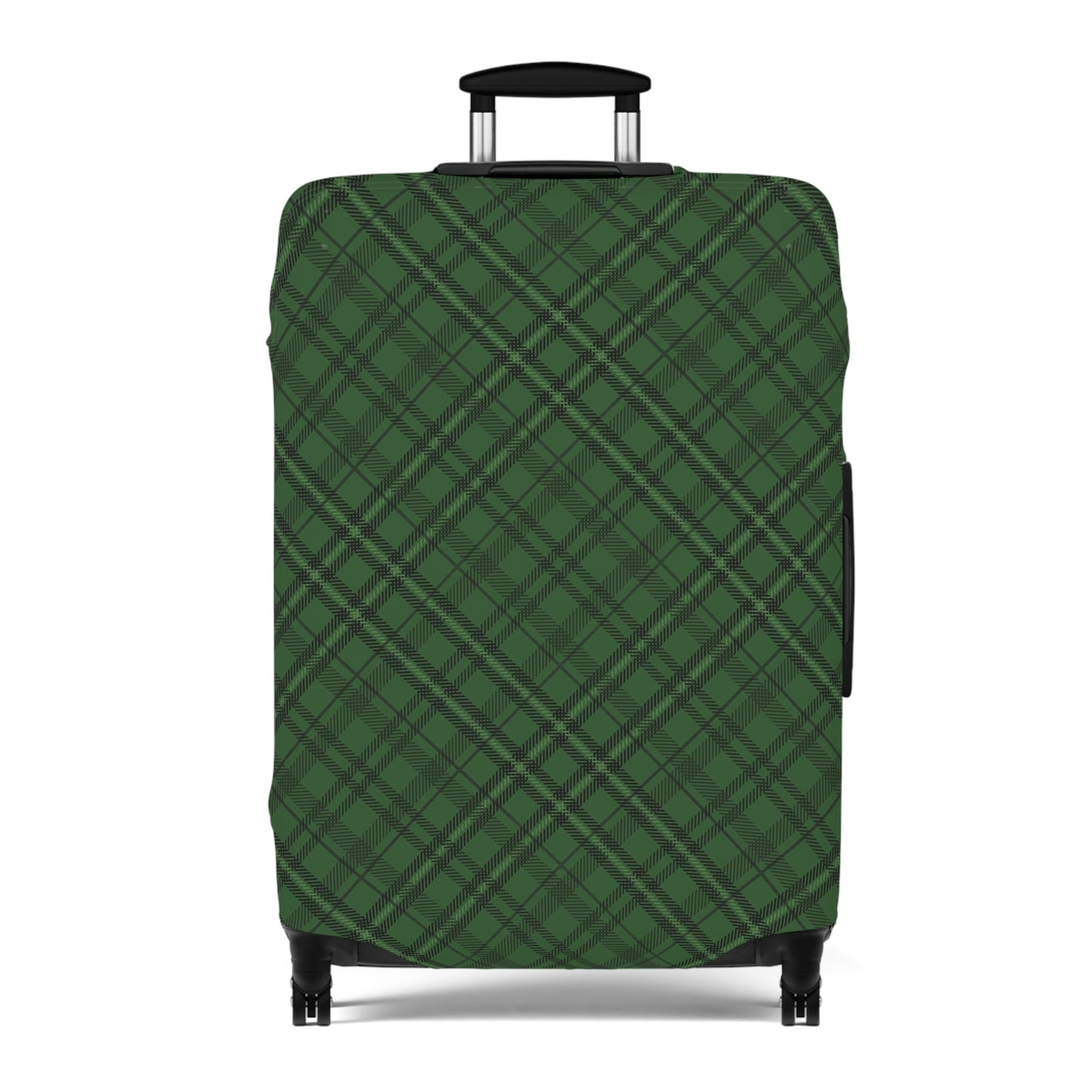 Emerald Isle green plaid stretch luggage cover fitted on rolling suitcase