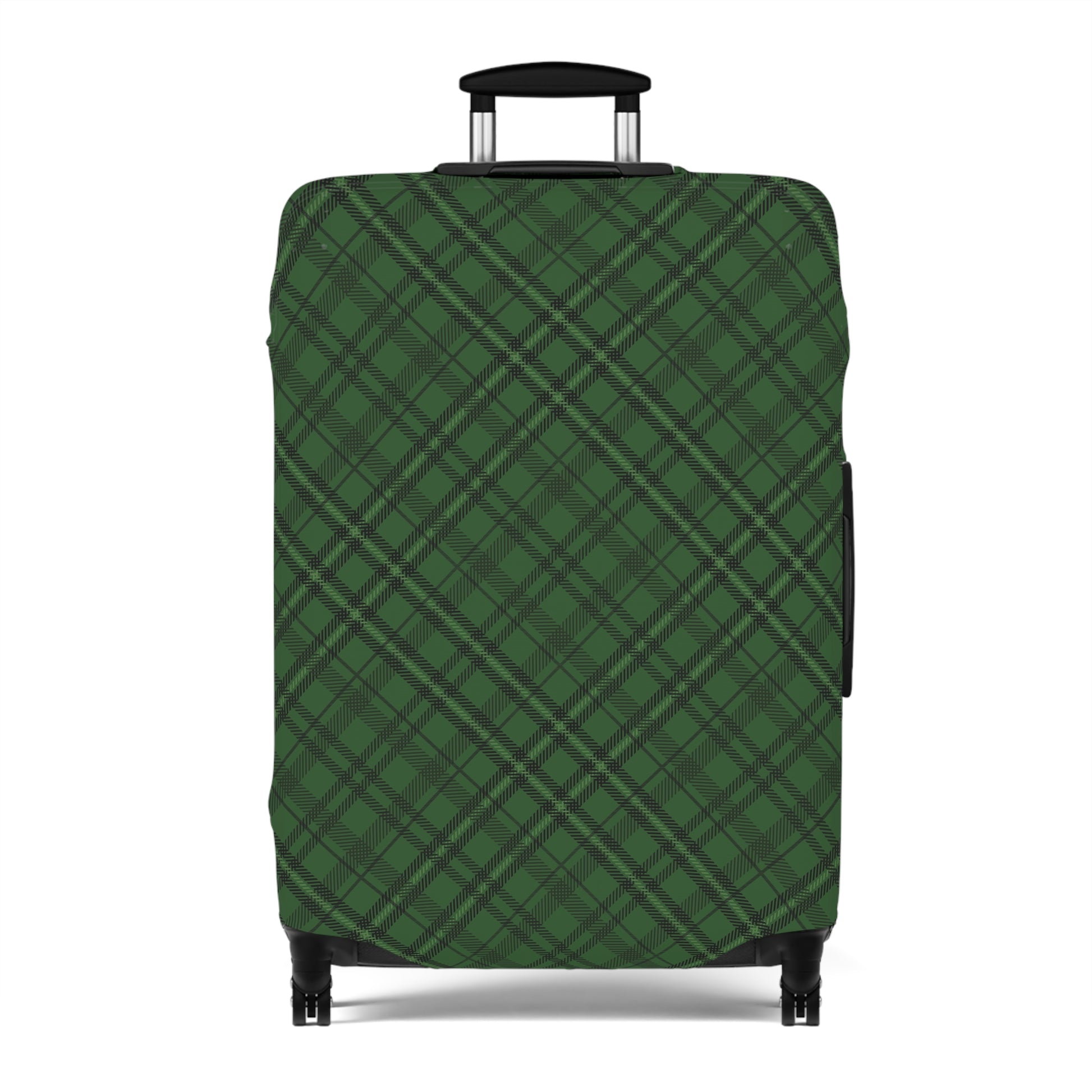 Emerald Isle green plaid stretch luggage cover fitted on rolling suitcase