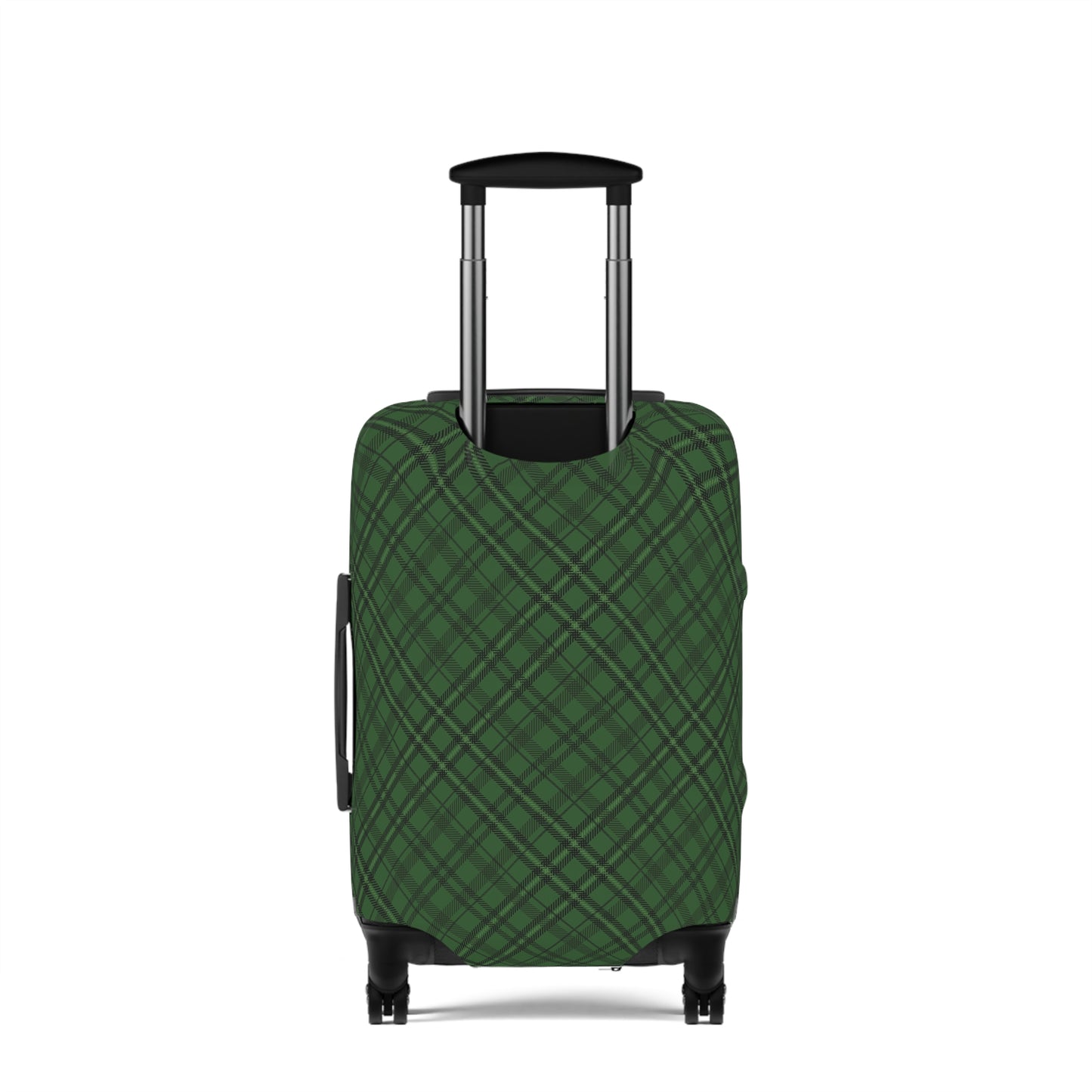 Emerald Isle green plaid stretch luggage cover fitted on rolling suitcase