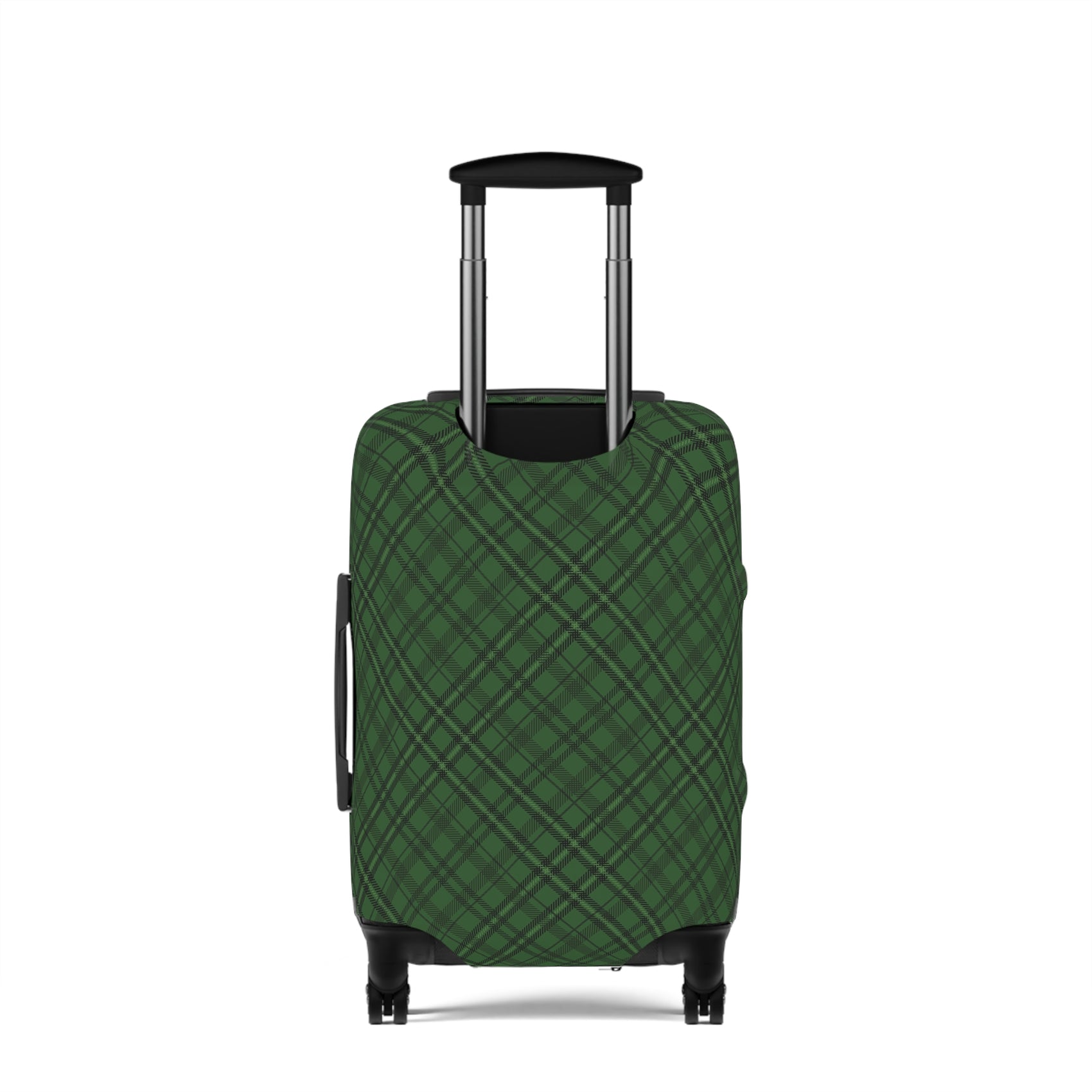 Emerald Isle green plaid stretch luggage cover fitted on rolling suitcase