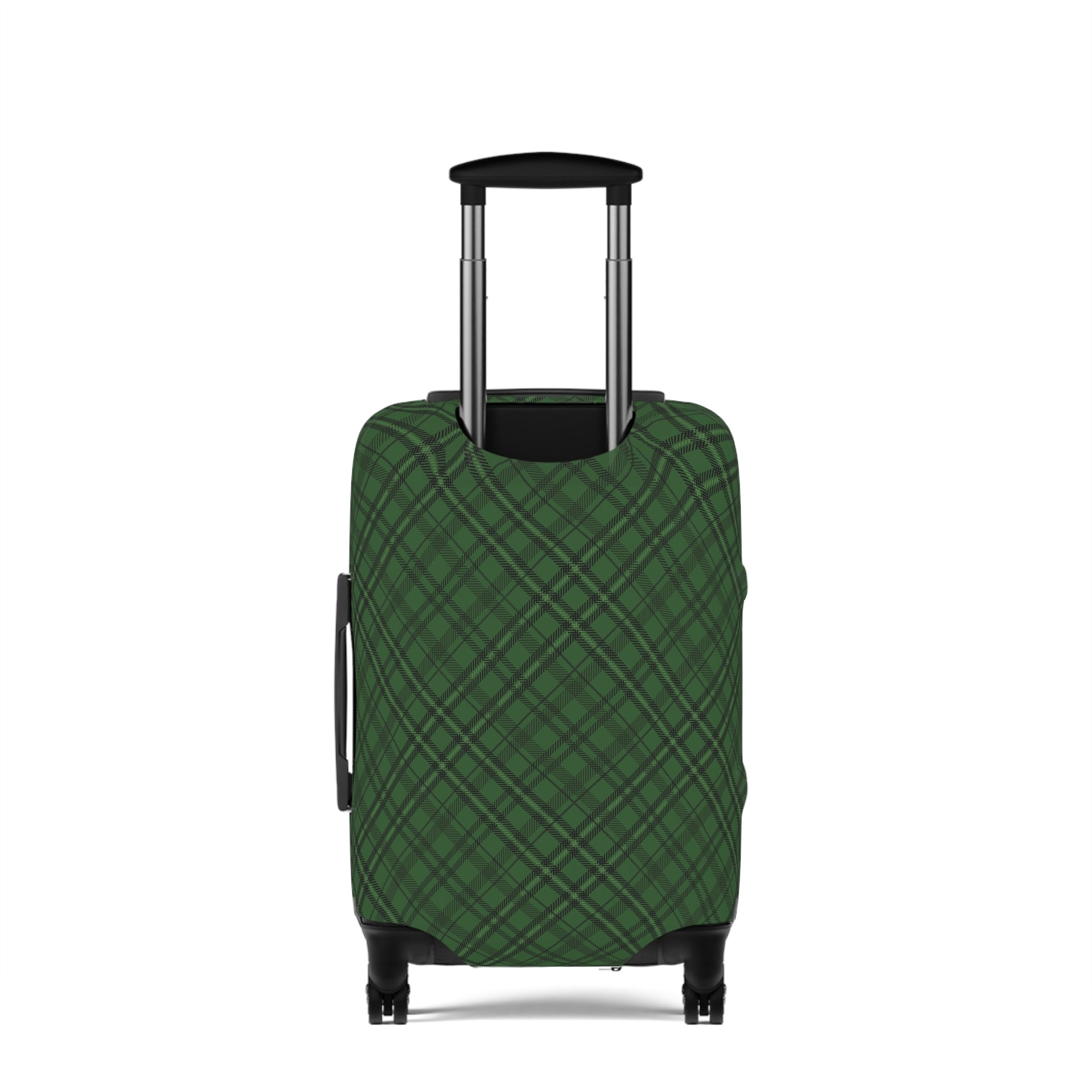 Emerald Isle green plaid stretch luggage cover fitted on rolling suitcase