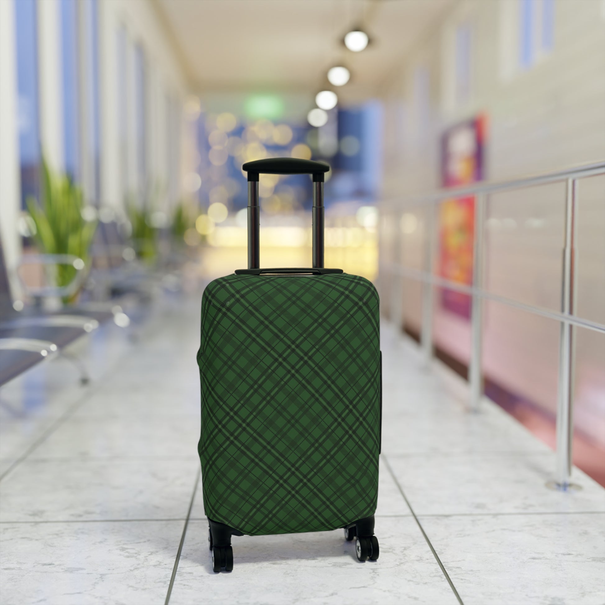 Emerald Isle green plaid stretch luggage cover fitted on rolling suitcase