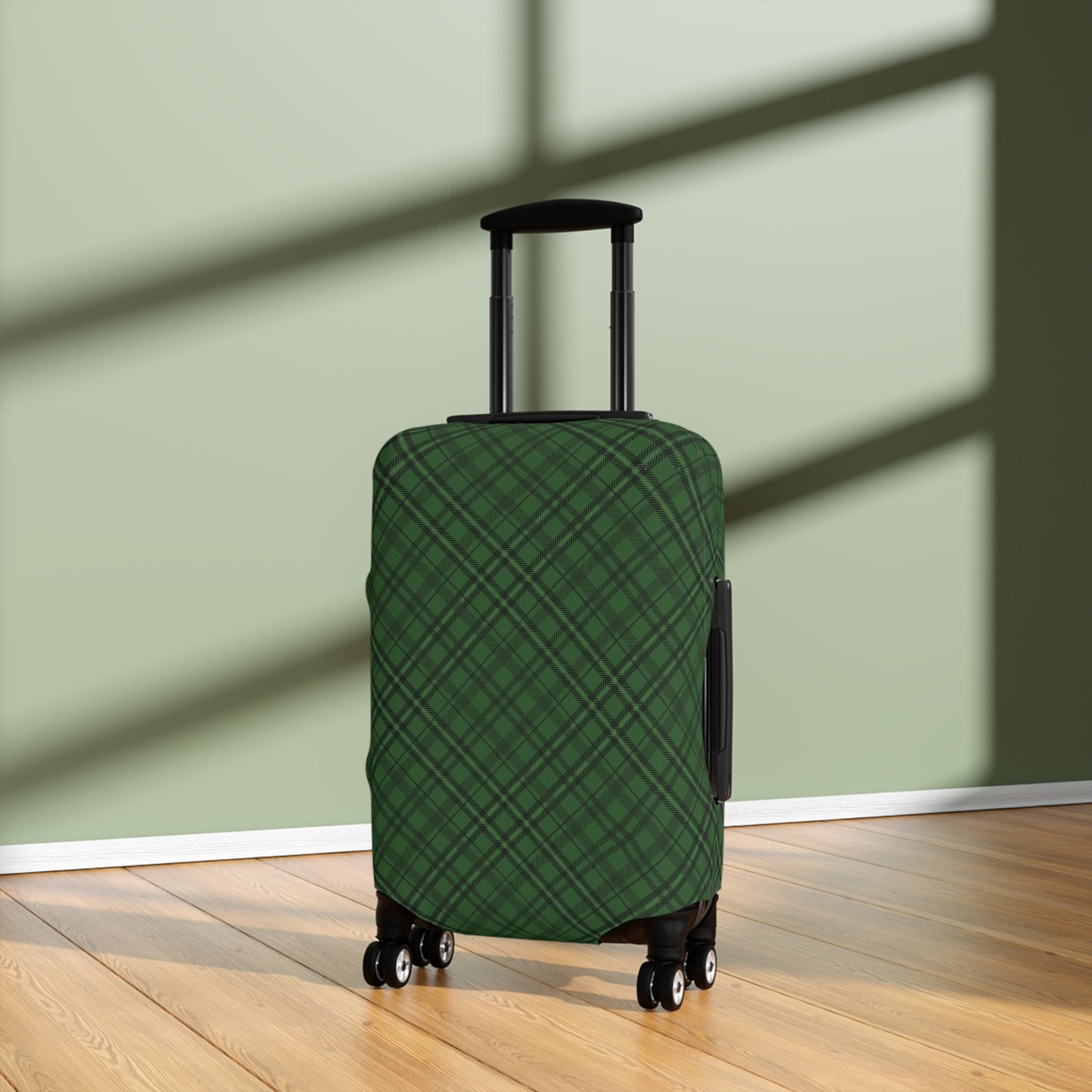 Emerald Isle green plaid stretch luggage cover fitted on rolling suitcase