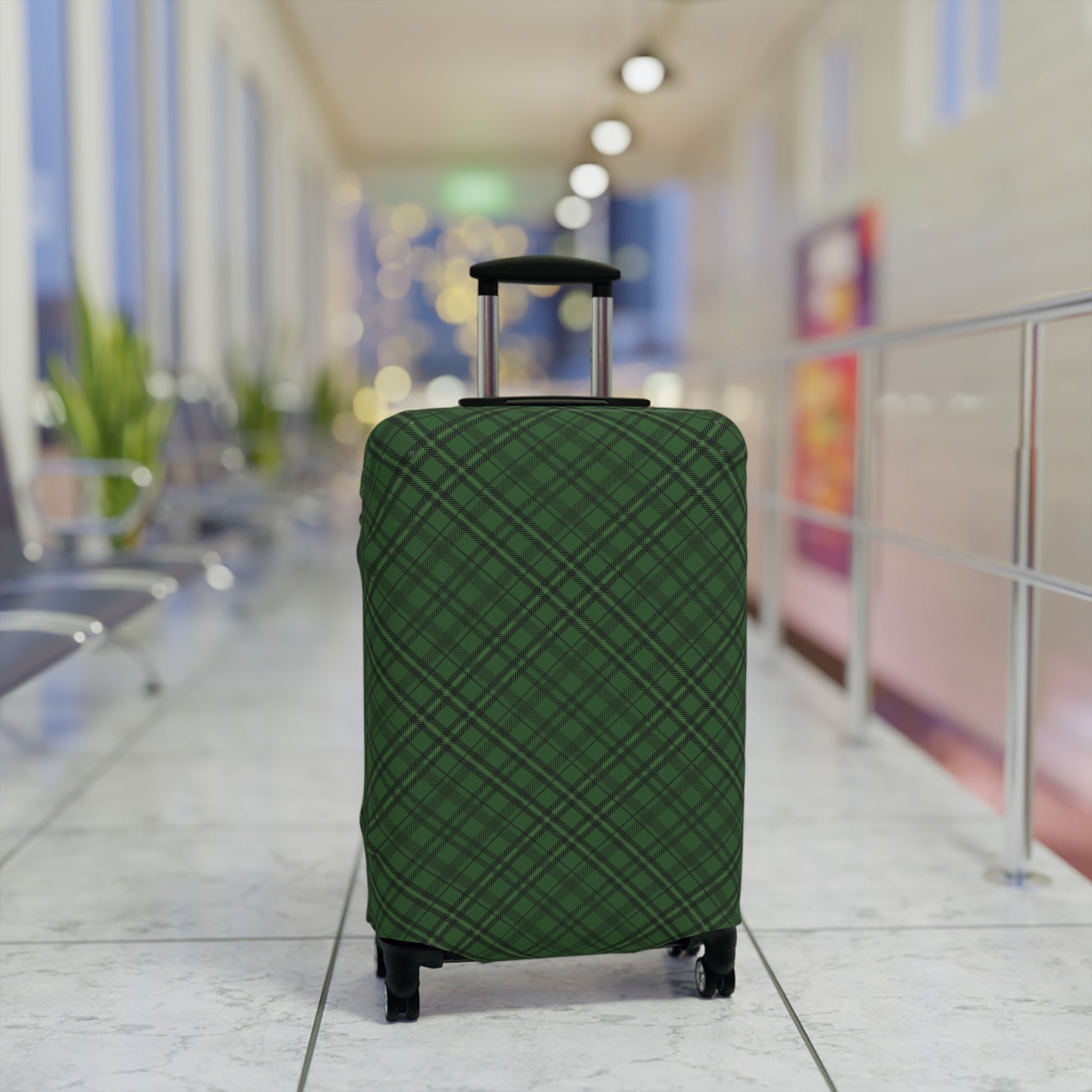 Emerald Isle green plaid stretch luggage cover fitted on rolling suitcase