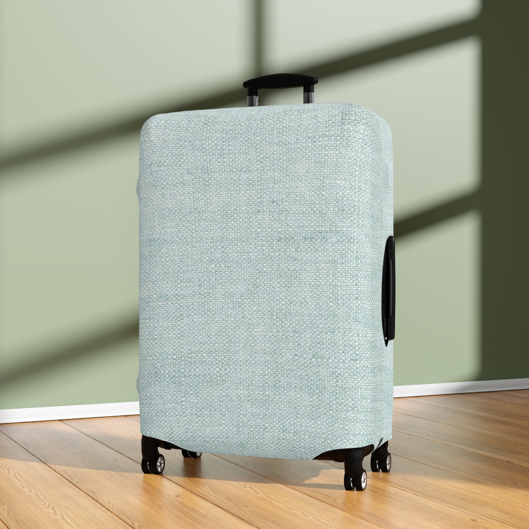 Flemish Morning sage green linen texture stretch luggage cover on rolling suitcase
