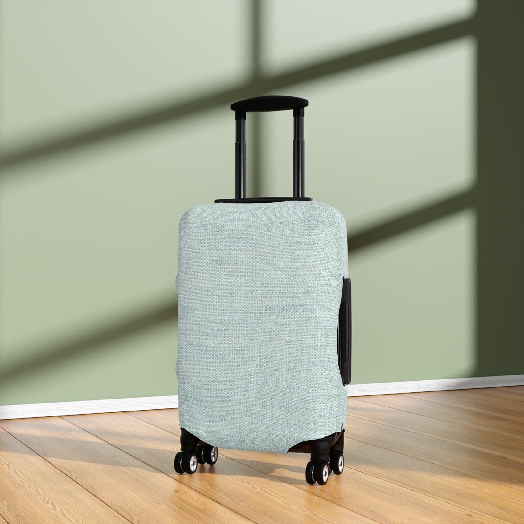 Flemish Morning sage green linen texture stretch luggage cover on rolling suitcase