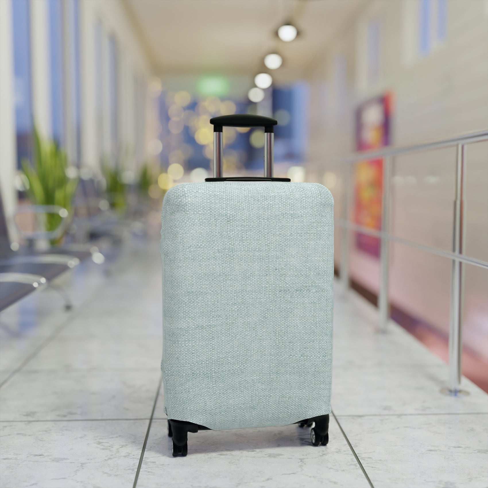 Flemish Morning sage green linen texture stretch luggage cover on rolling suitcase