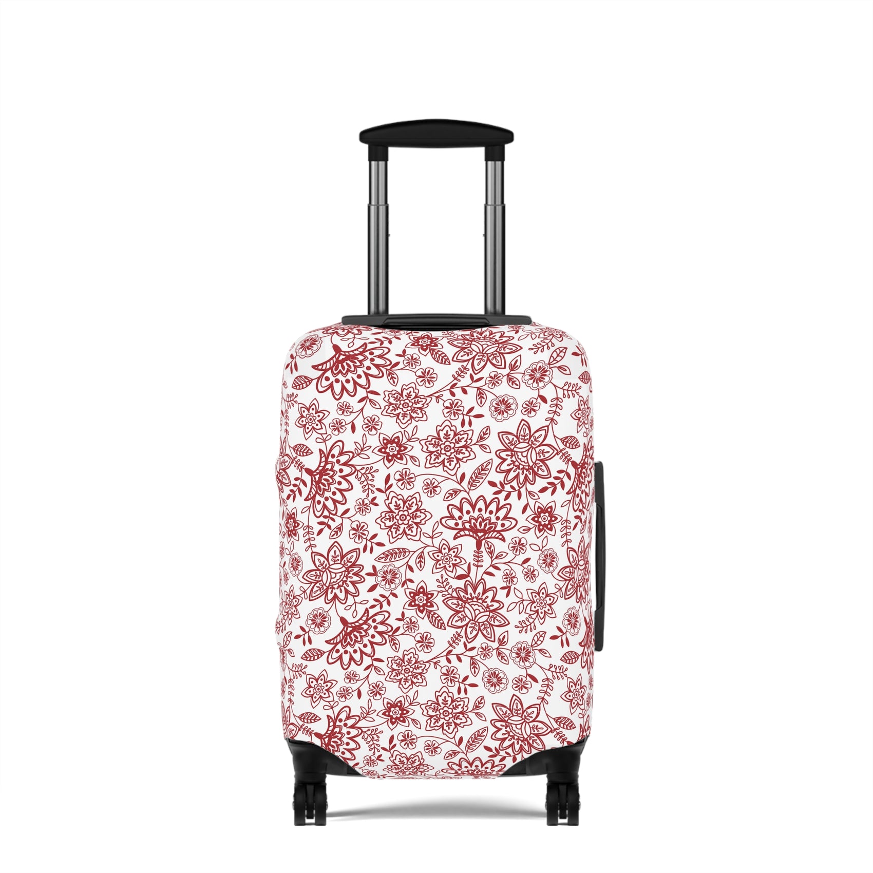 Folk Red stretch luggage cover with bold red floral pattern on white background