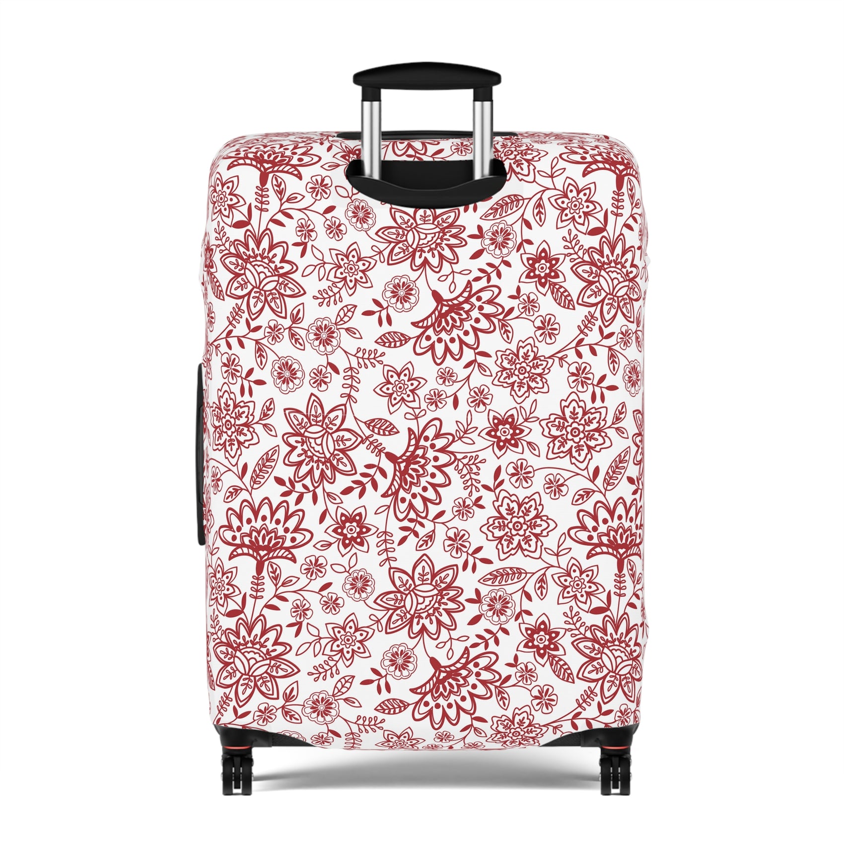 Folk Red stretch luggage cover with bold red floral pattern on white background