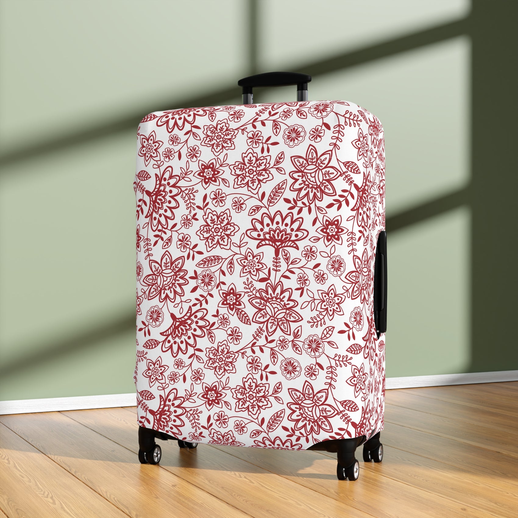 Folk Red stretch luggage cover with bold red floral pattern on white background