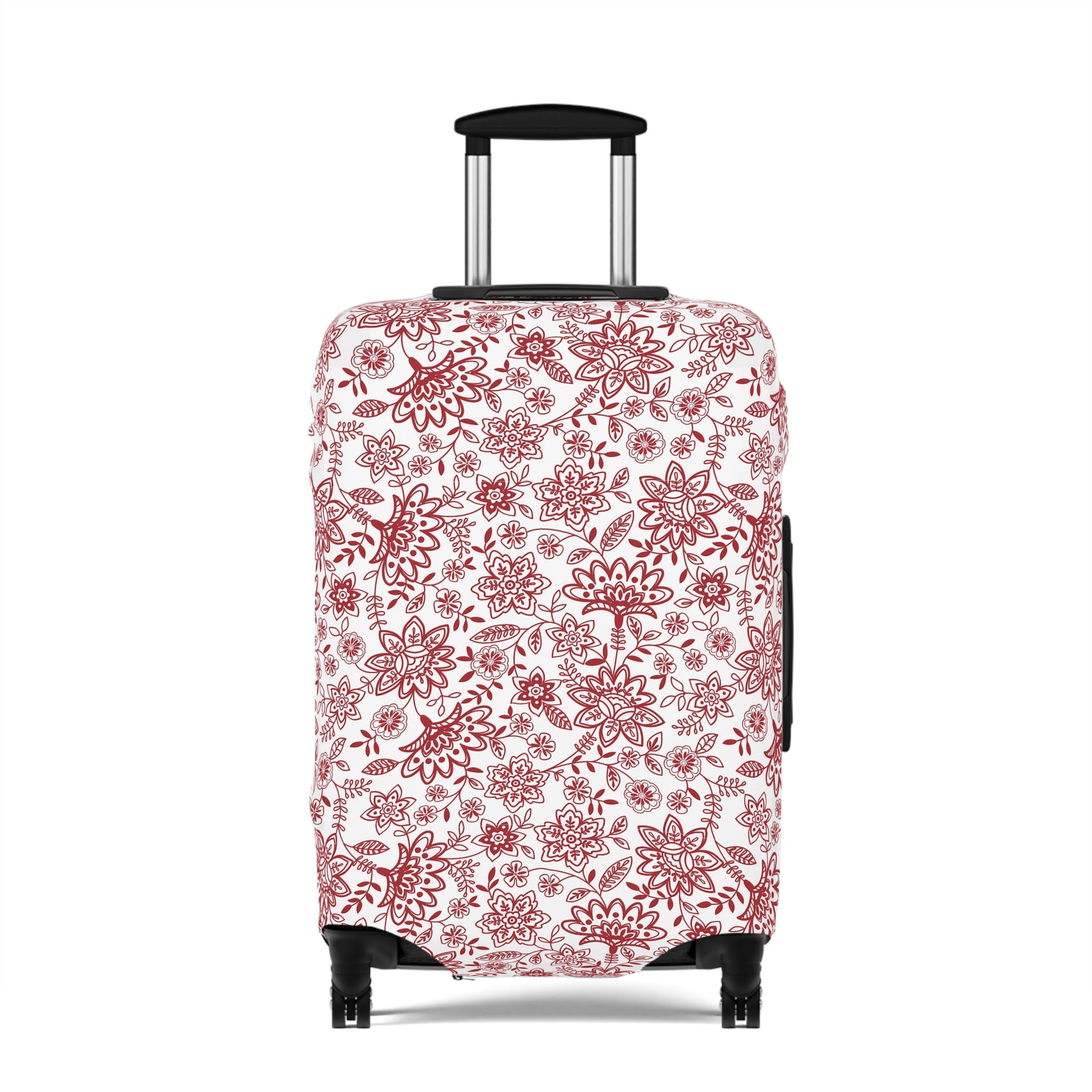 Folk Red stretch luggage cover with bold red floral pattern on white background