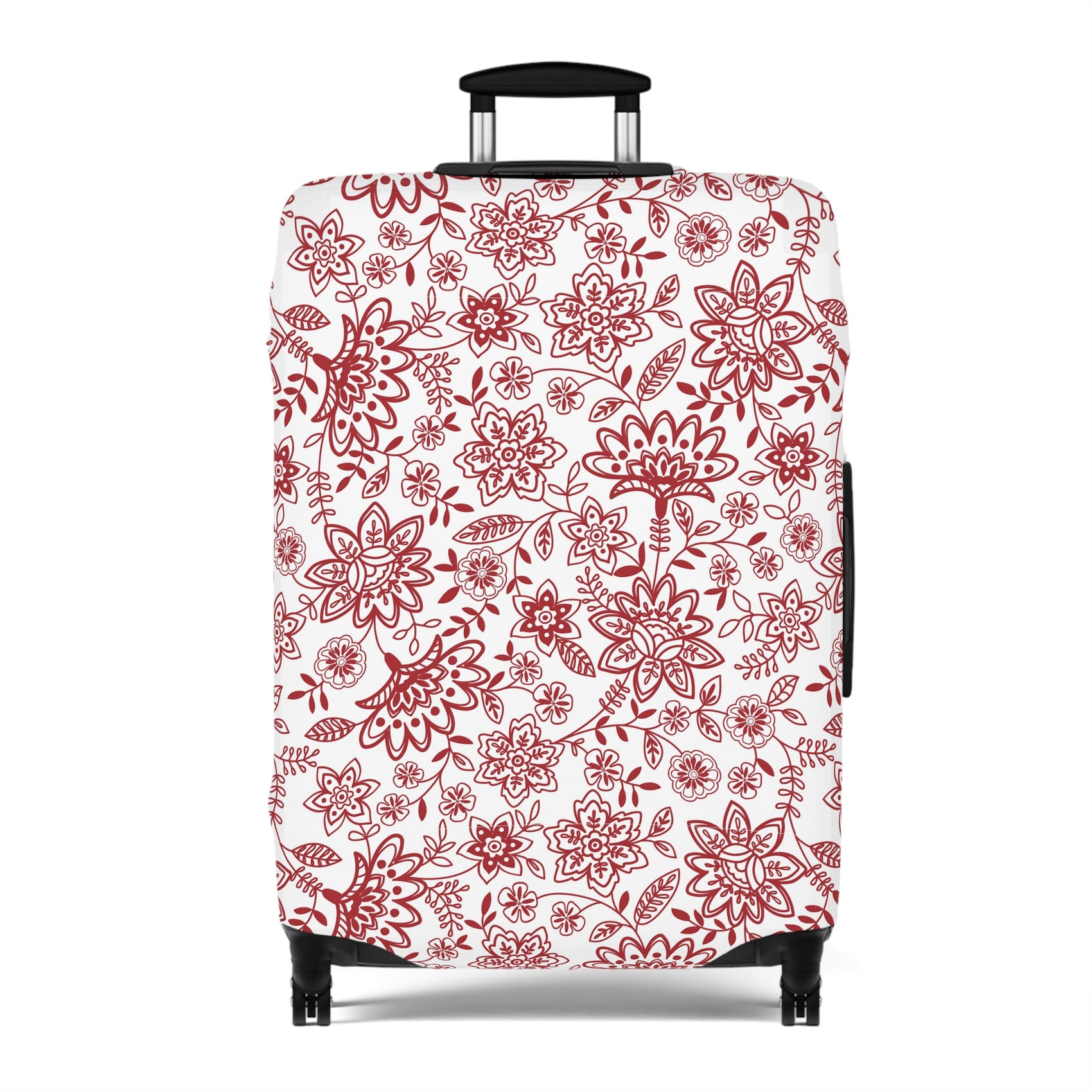 Folk Red stretch luggage cover with bold red floral pattern on white background