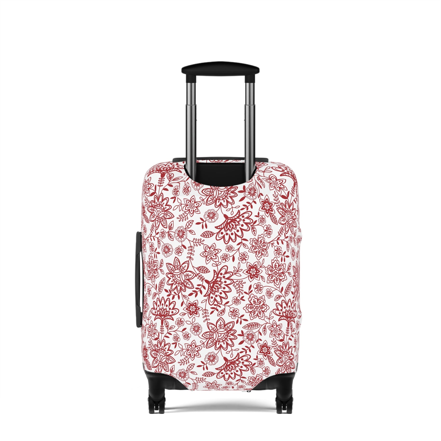 Folk Red stretch luggage cover with bold red floral pattern on white background