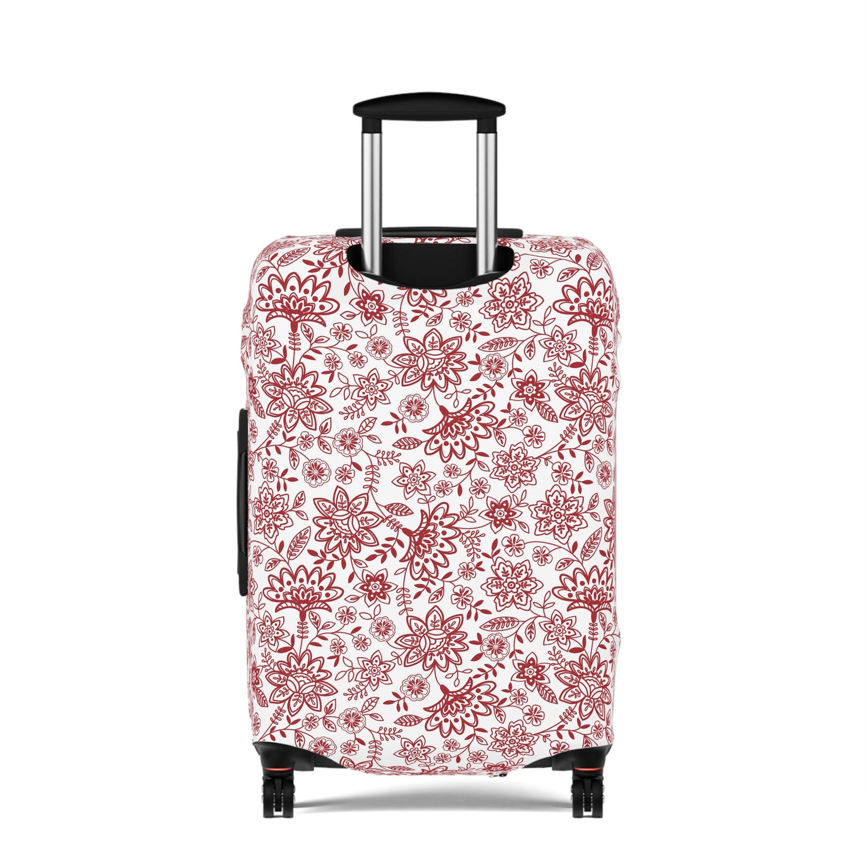 Folk Red stretch luggage cover with bold red floral pattern on white background