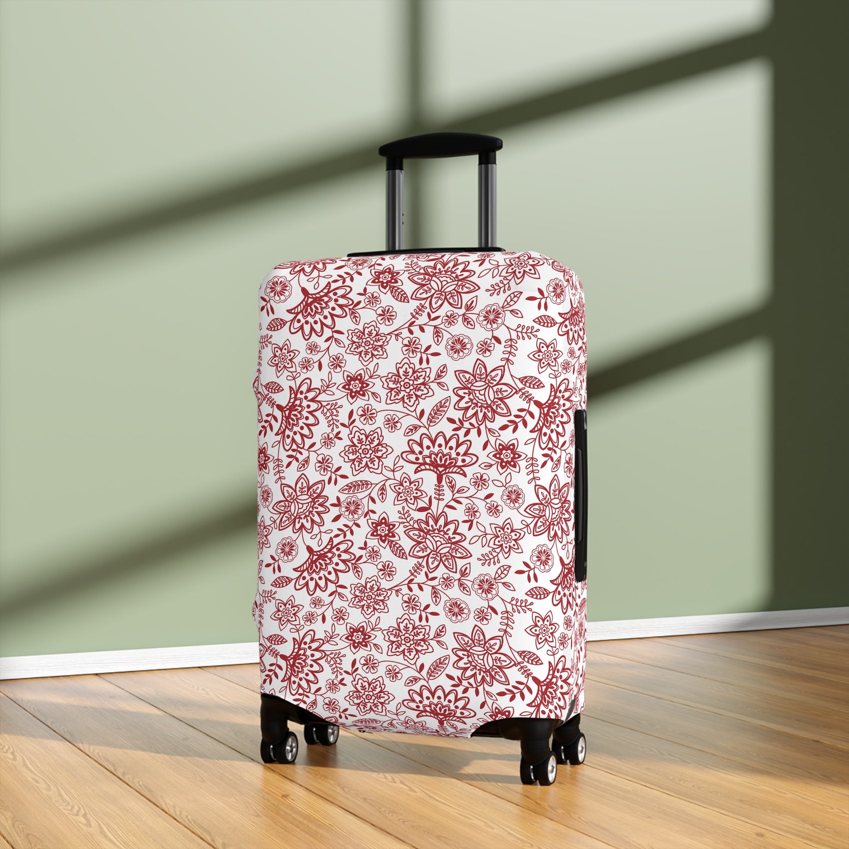 Folk Red stretch luggage cover with bold red floral pattern on white background