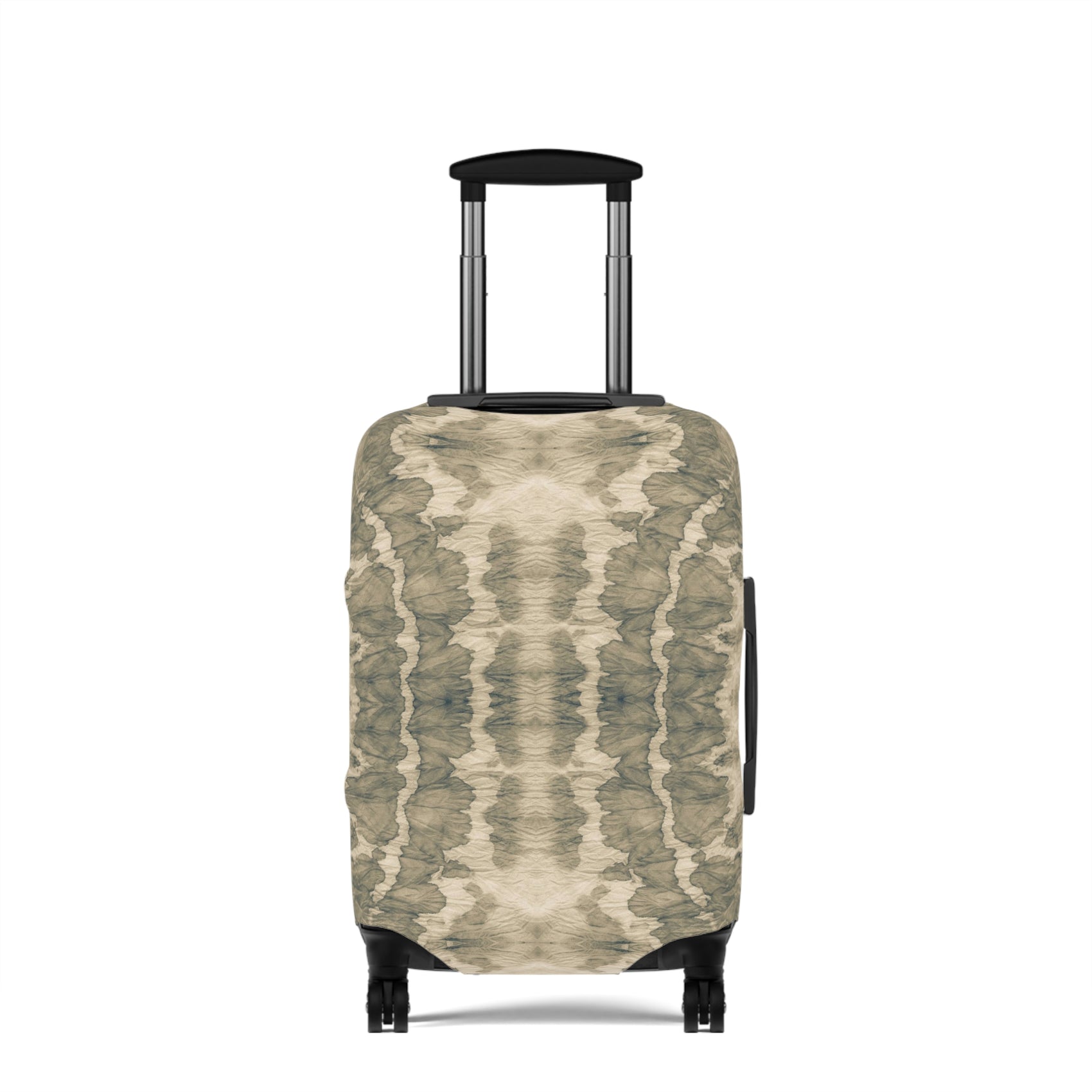 Free Spirit beige bohemian stretch luggage cover fitted on rolling suitcase
