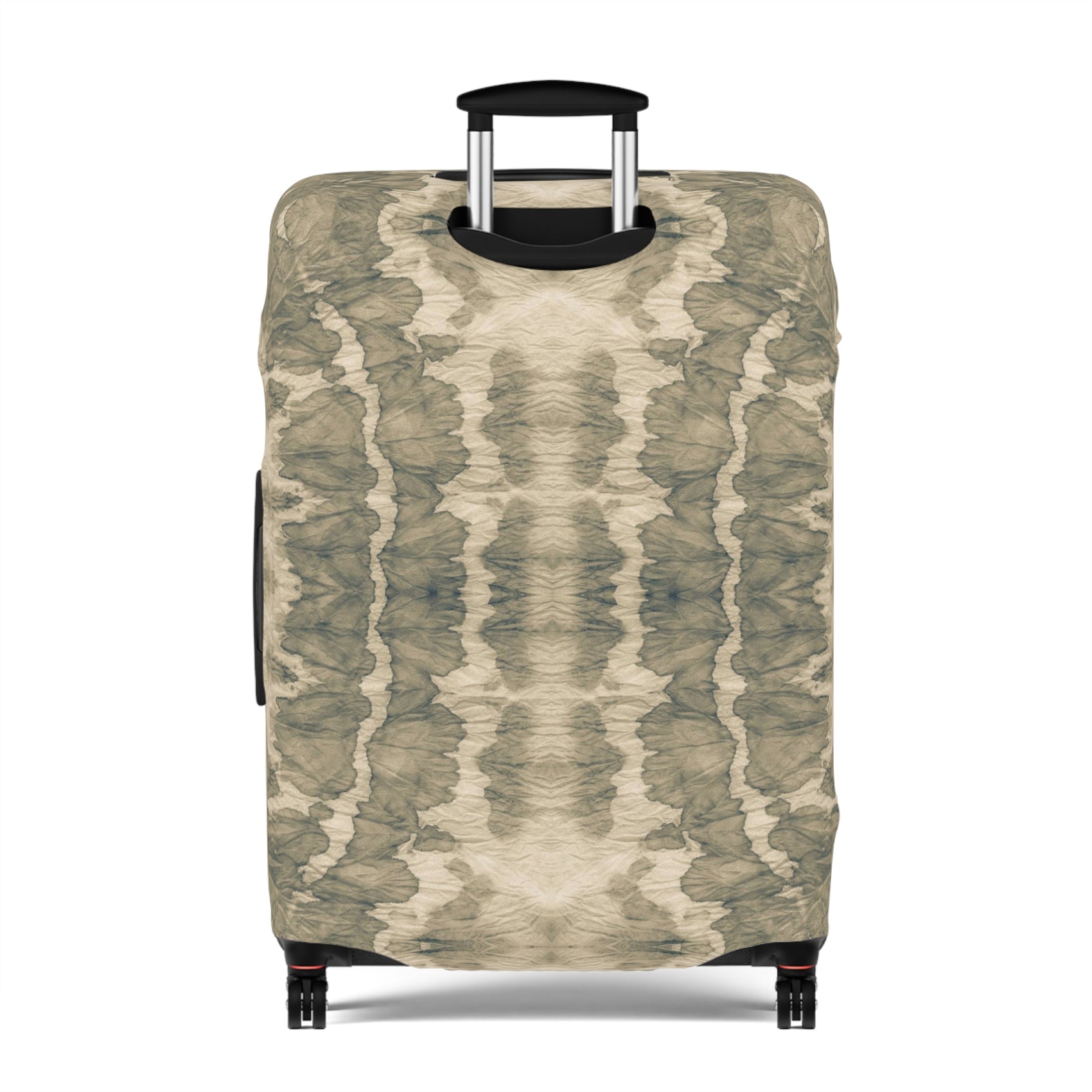Free Spirit beige bohemian stretch luggage cover fitted on rolling suitcase