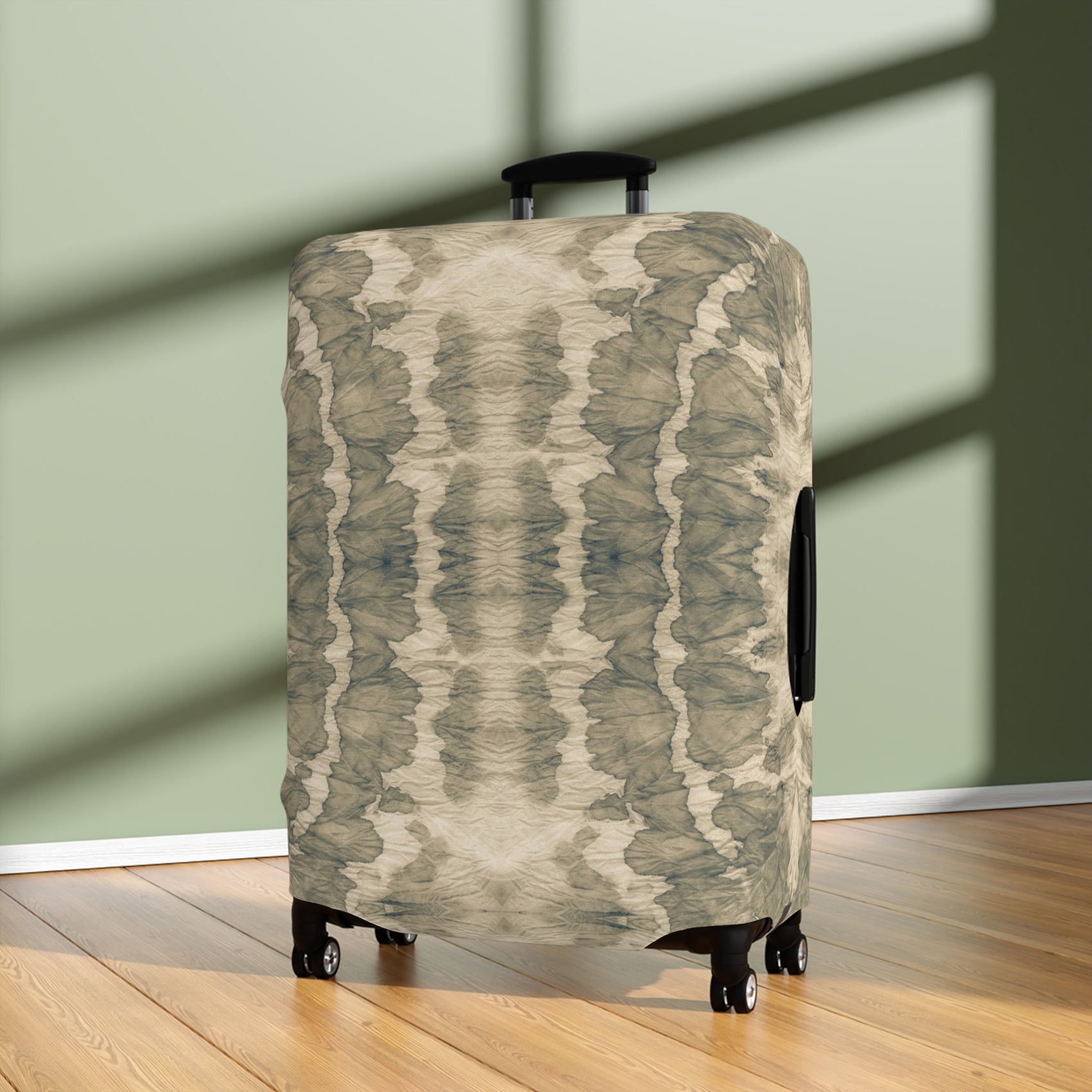 Free Spirit beige bohemian stretch luggage cover fitted on rolling suitcase