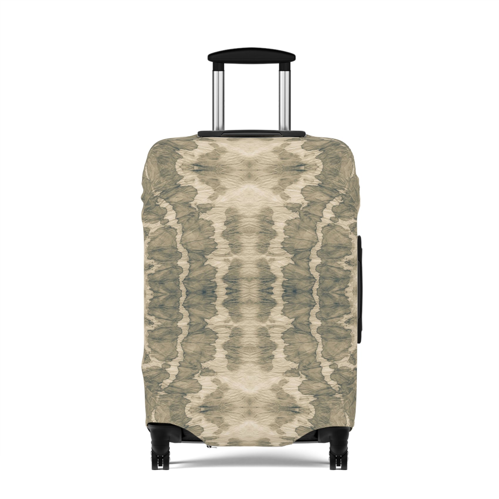 Free Spirit beige bohemian stretch luggage cover fitted on rolling suitcase