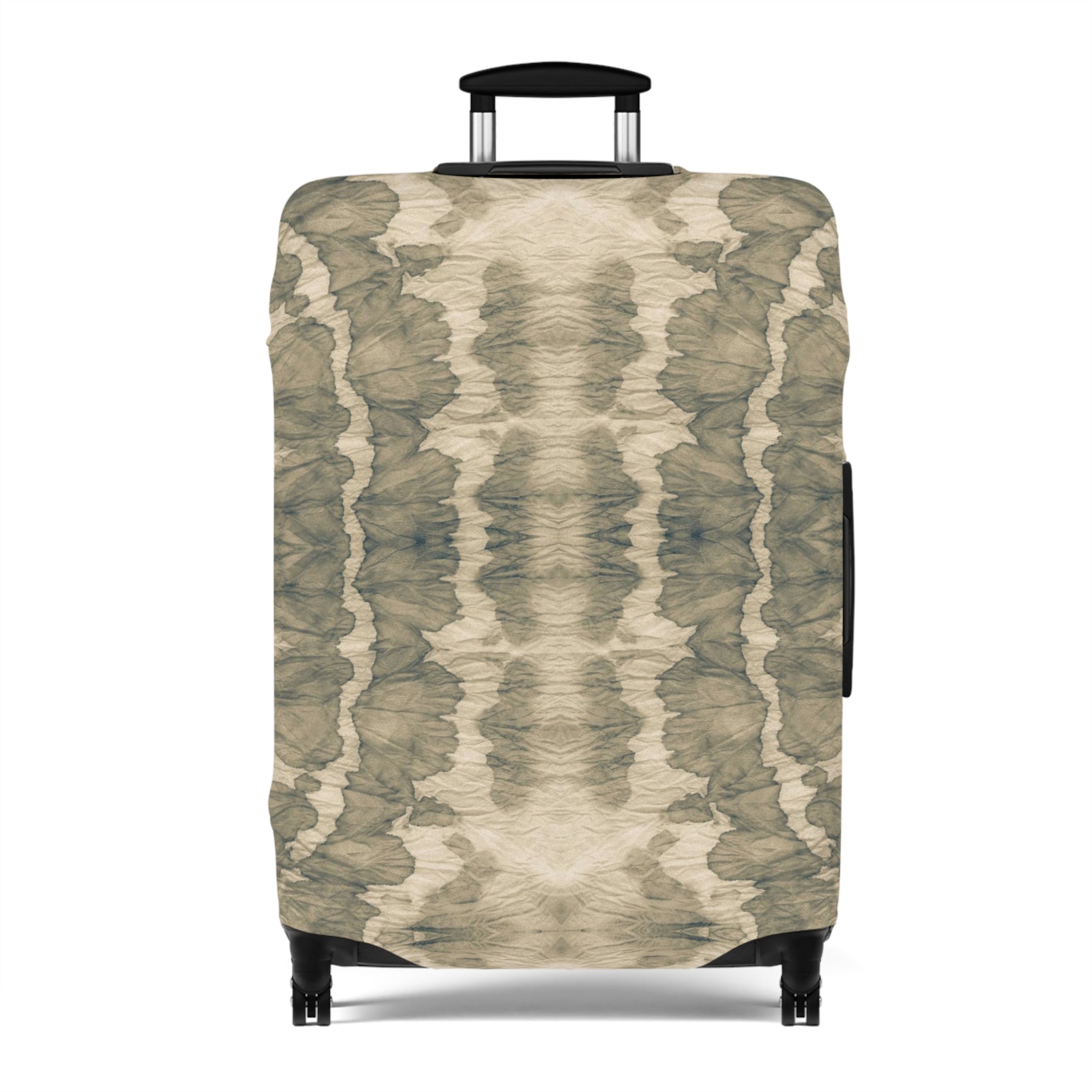 Free Spirit beige bohemian stretch luggage cover fitted on rolling suitcase