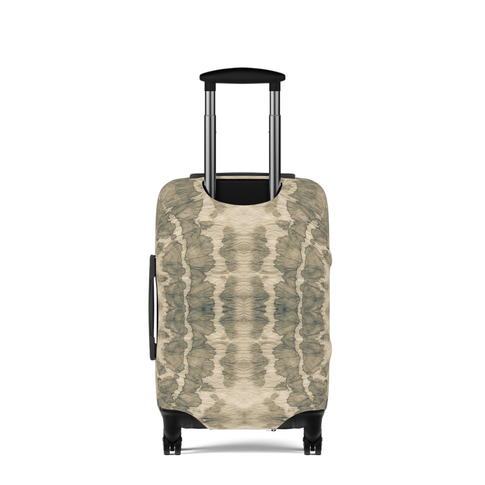 Free Spirit beige bohemian stretch luggage cover fitted on rolling suitcase