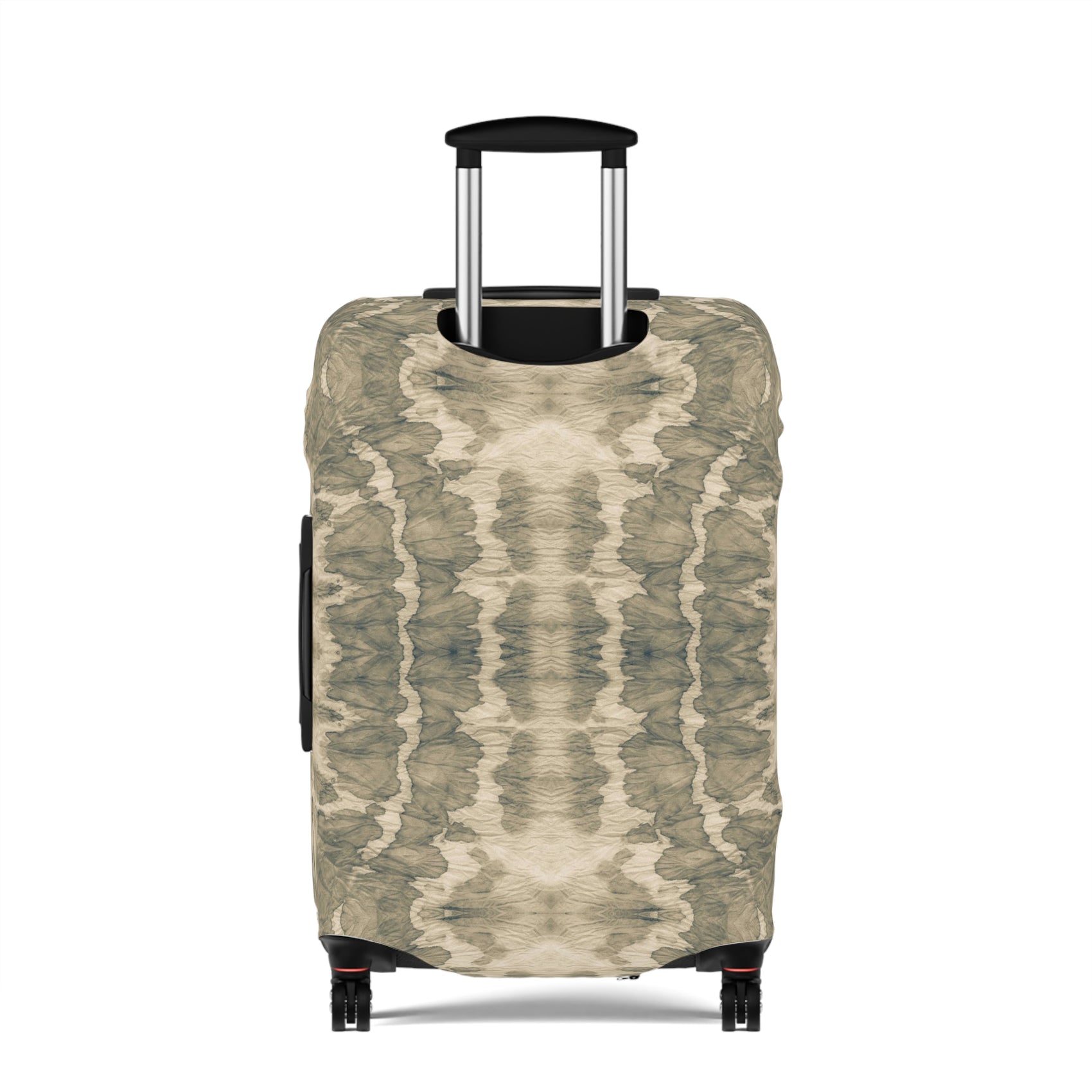 Free Spirit beige bohemian stretch luggage cover fitted on rolling suitcase
