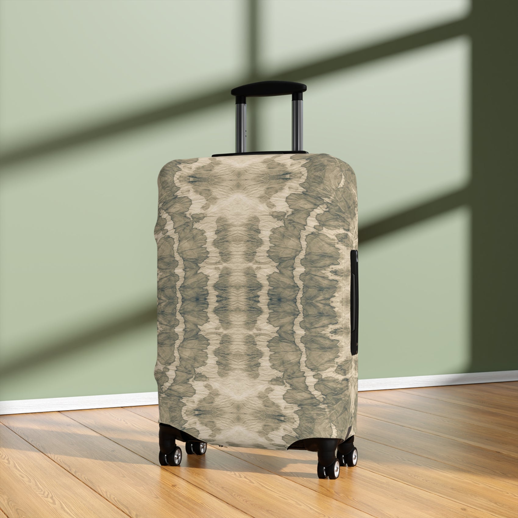 Free Spirit beige bohemian stretch luggage cover fitted on rolling suitcase