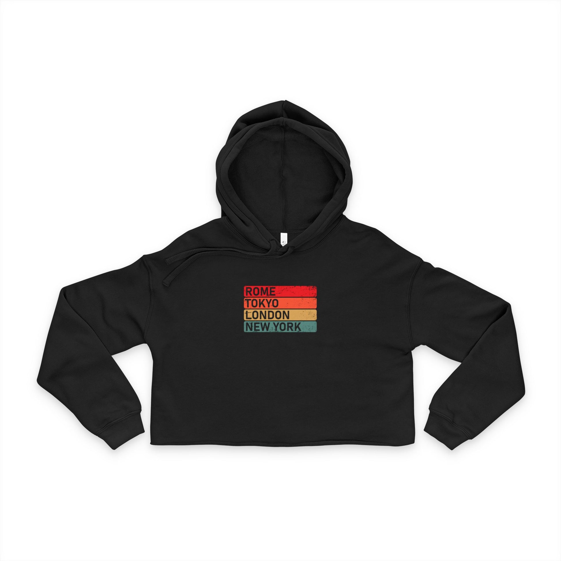 Global Icons women’s cropped hoodie featuring Rome Tokyo London New York graphic