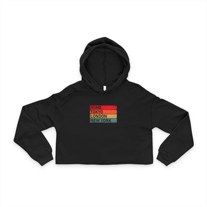 Global Icons women’s cropped hoodie featuring Rome Tokyo London New York graphic