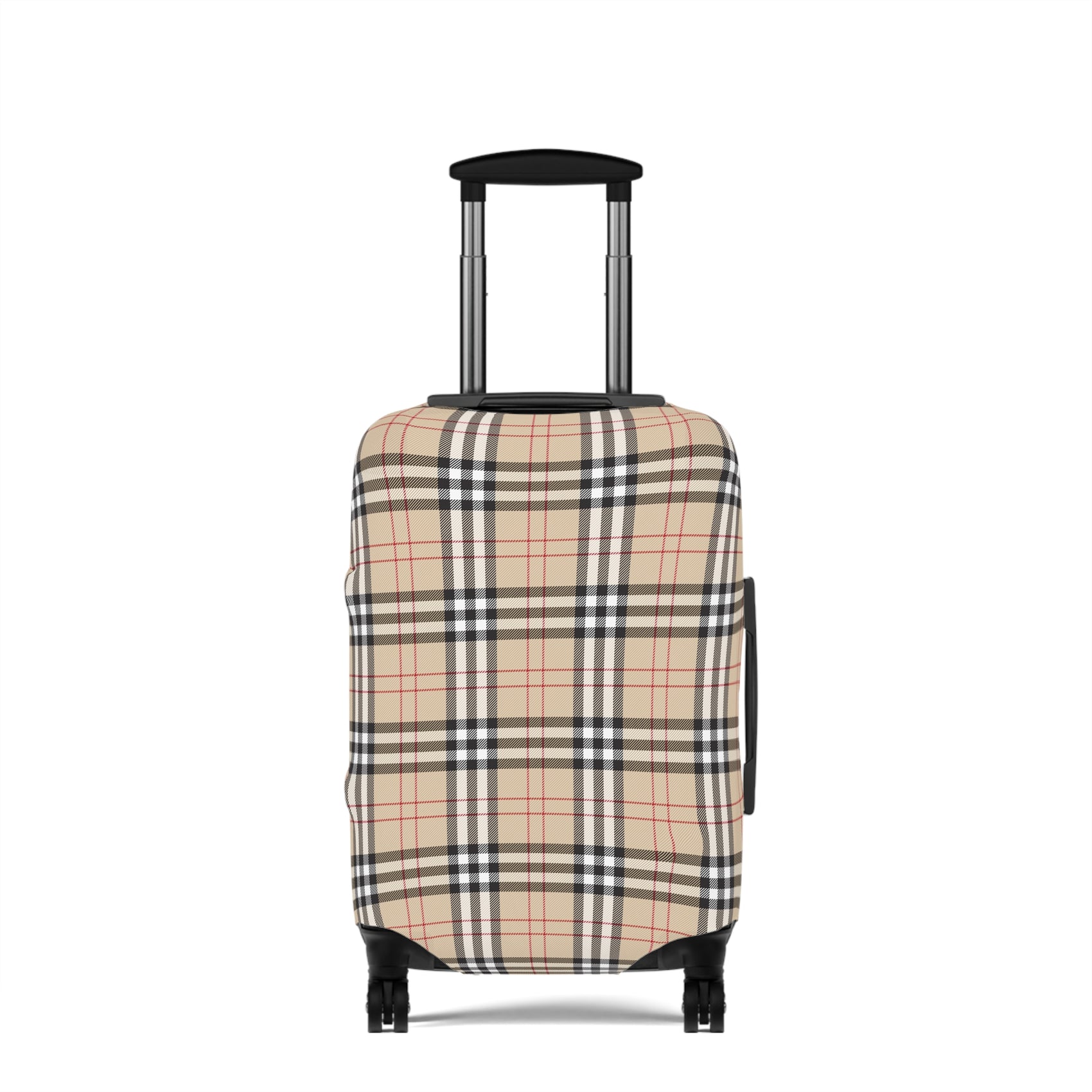 Kensington Road stretch luggage cover with classic beige check pattern and red accents