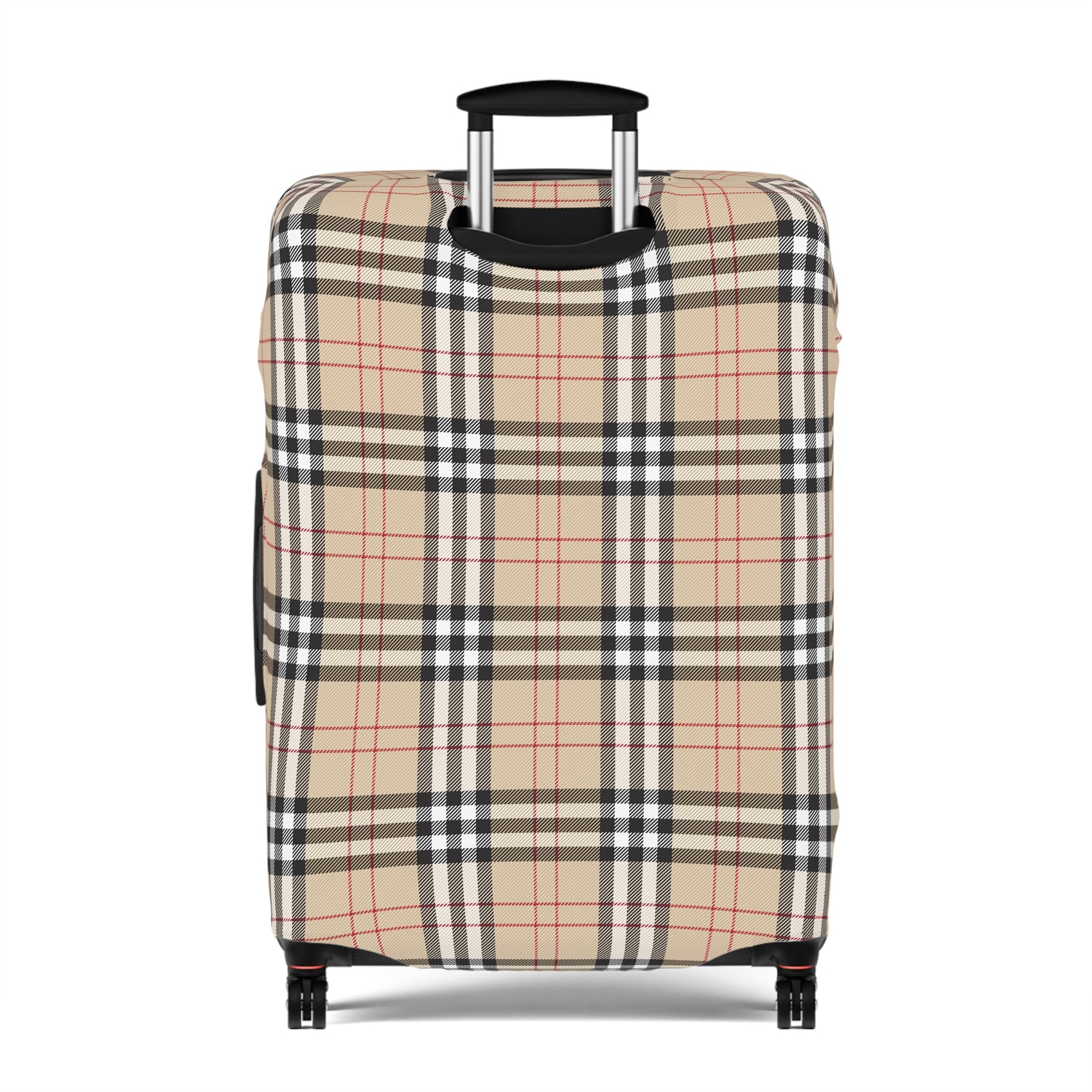 Kensington Road stretch luggage cover with classic beige check pattern and red accents