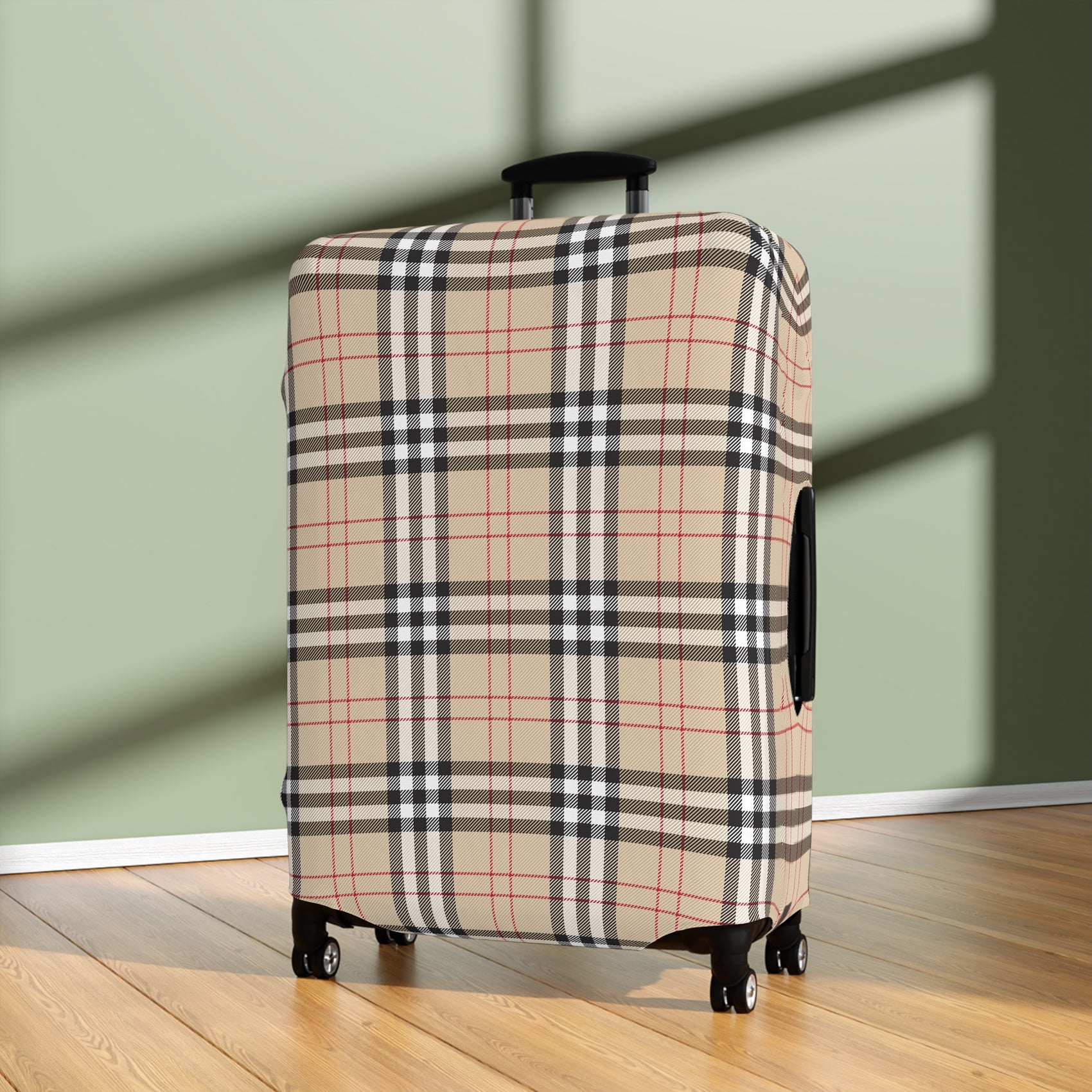 Kensington Road stretch luggage cover with classic beige check pattern and red accents