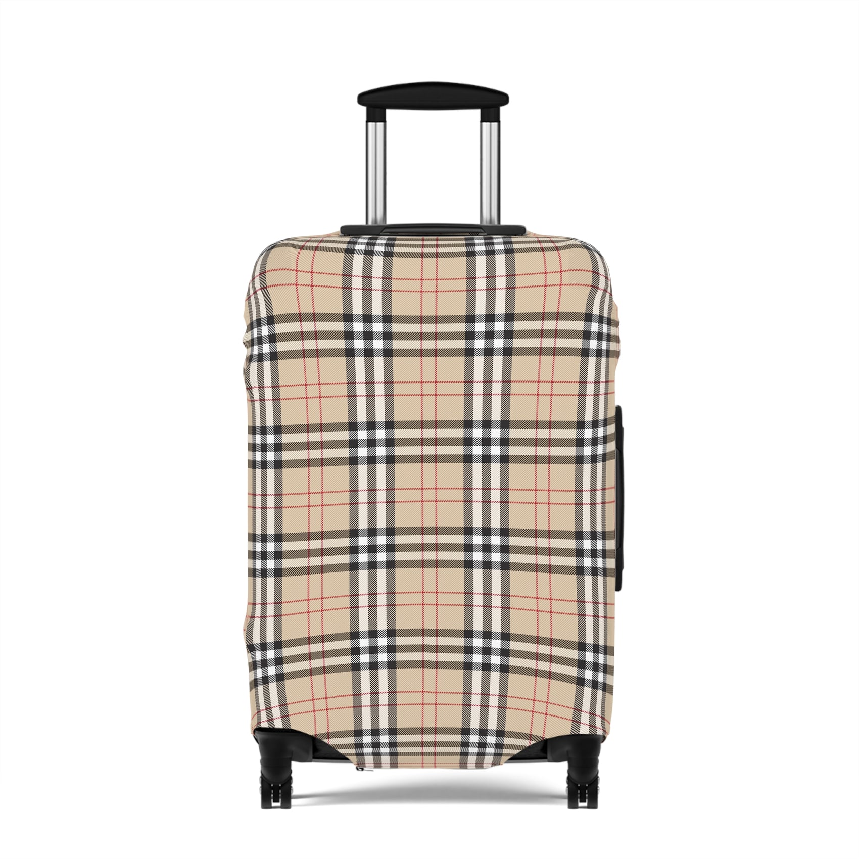 Kensington Road stretch luggage cover with classic beige check pattern and red accents