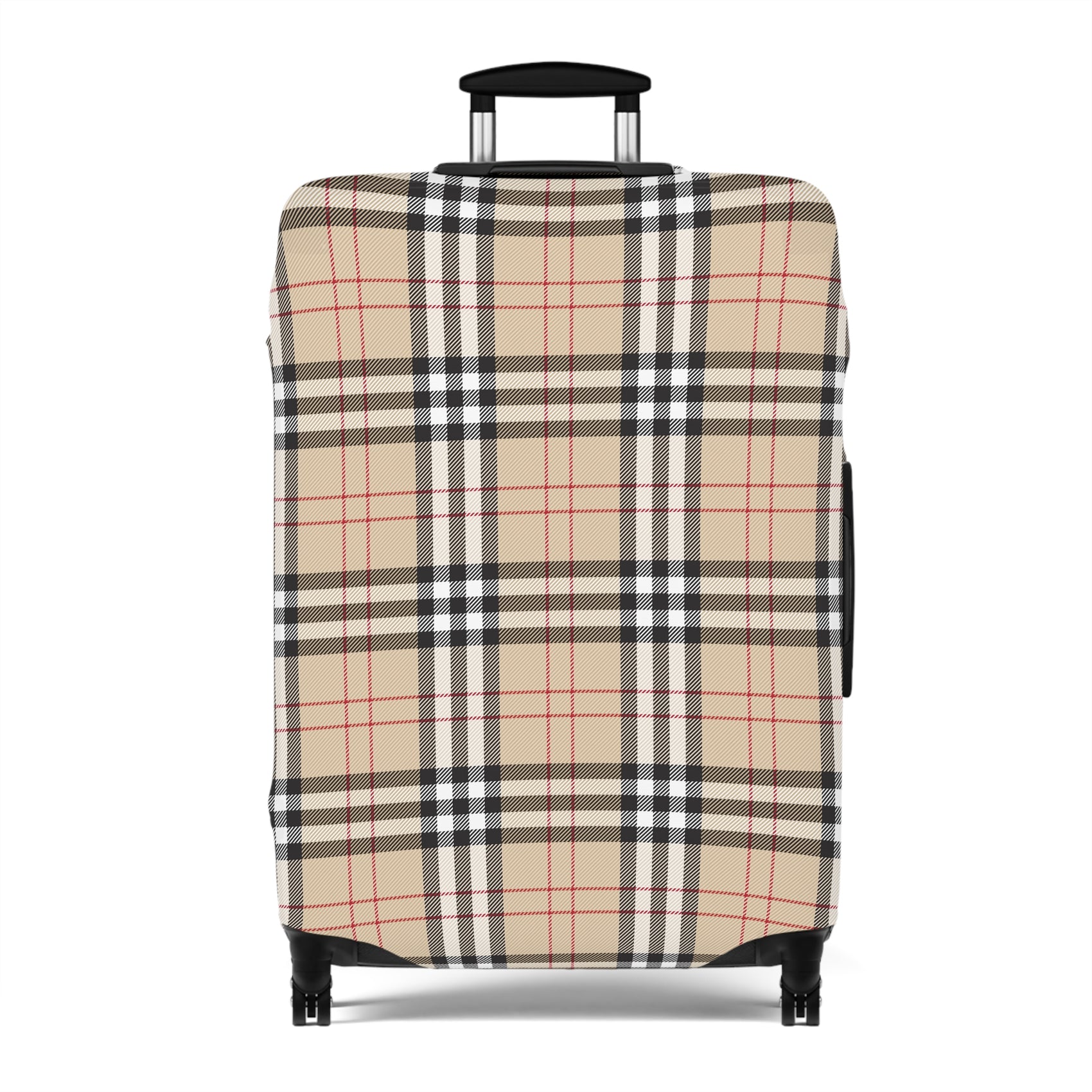 Kensington Road stretch luggage cover with classic beige check pattern and red accents