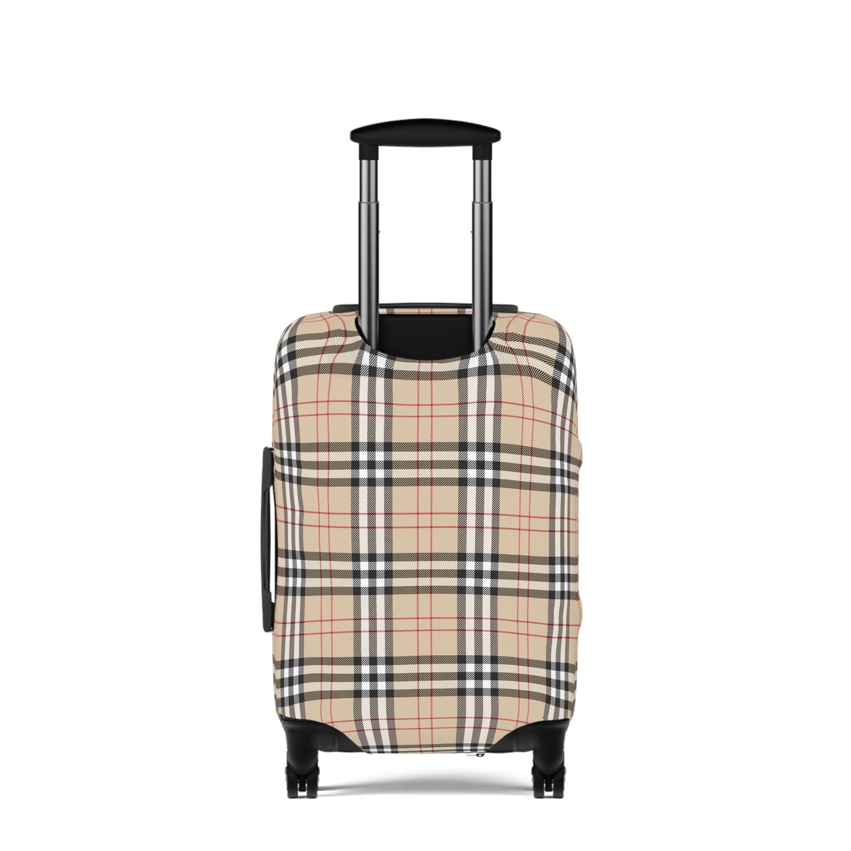 Kensington Road stretch luggage cover with classic beige check pattern and red accents