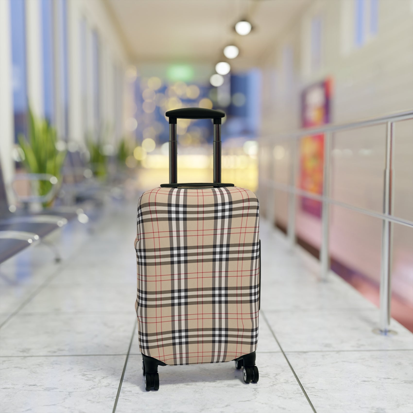Kensington Road stretch luggage cover with classic beige check pattern and red accents