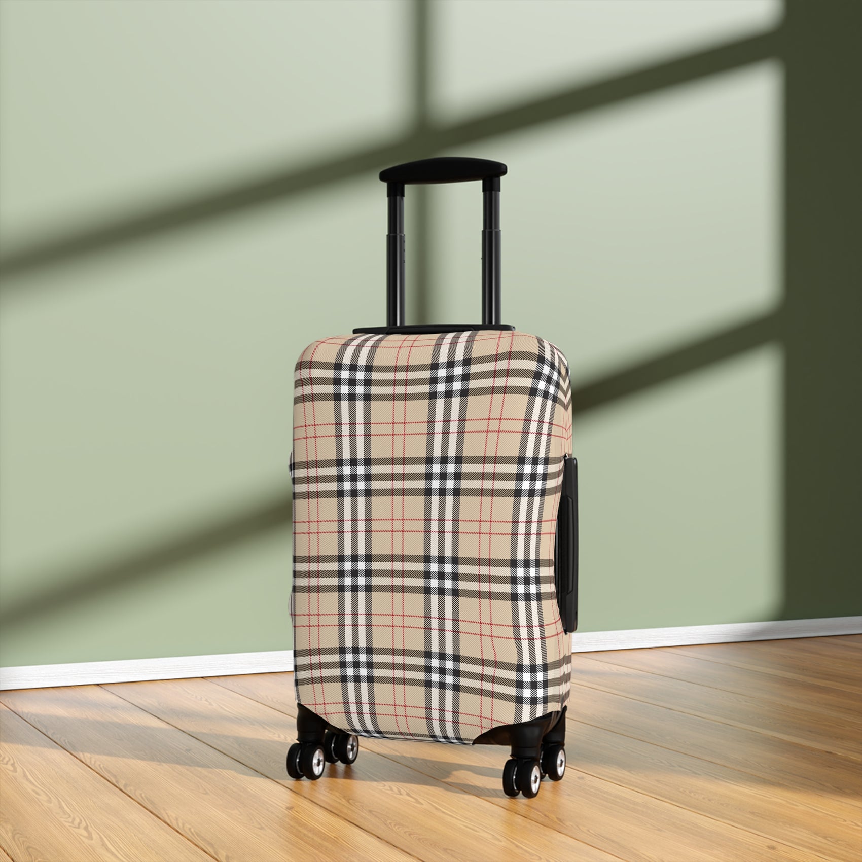 Kensington Road stretch luggage cover with classic beige check pattern and red accents
