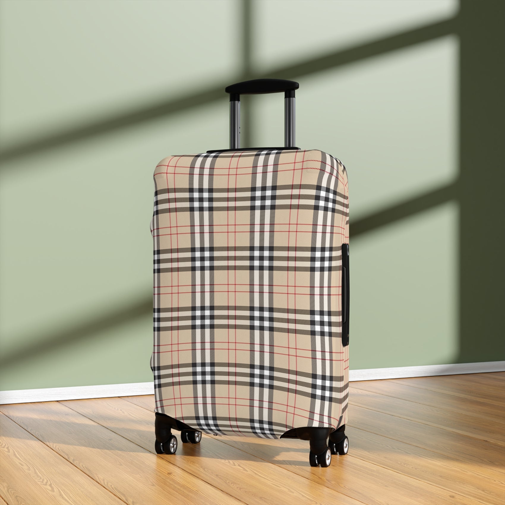 Kensington Road stretch luggage cover with classic beige check pattern and red accents