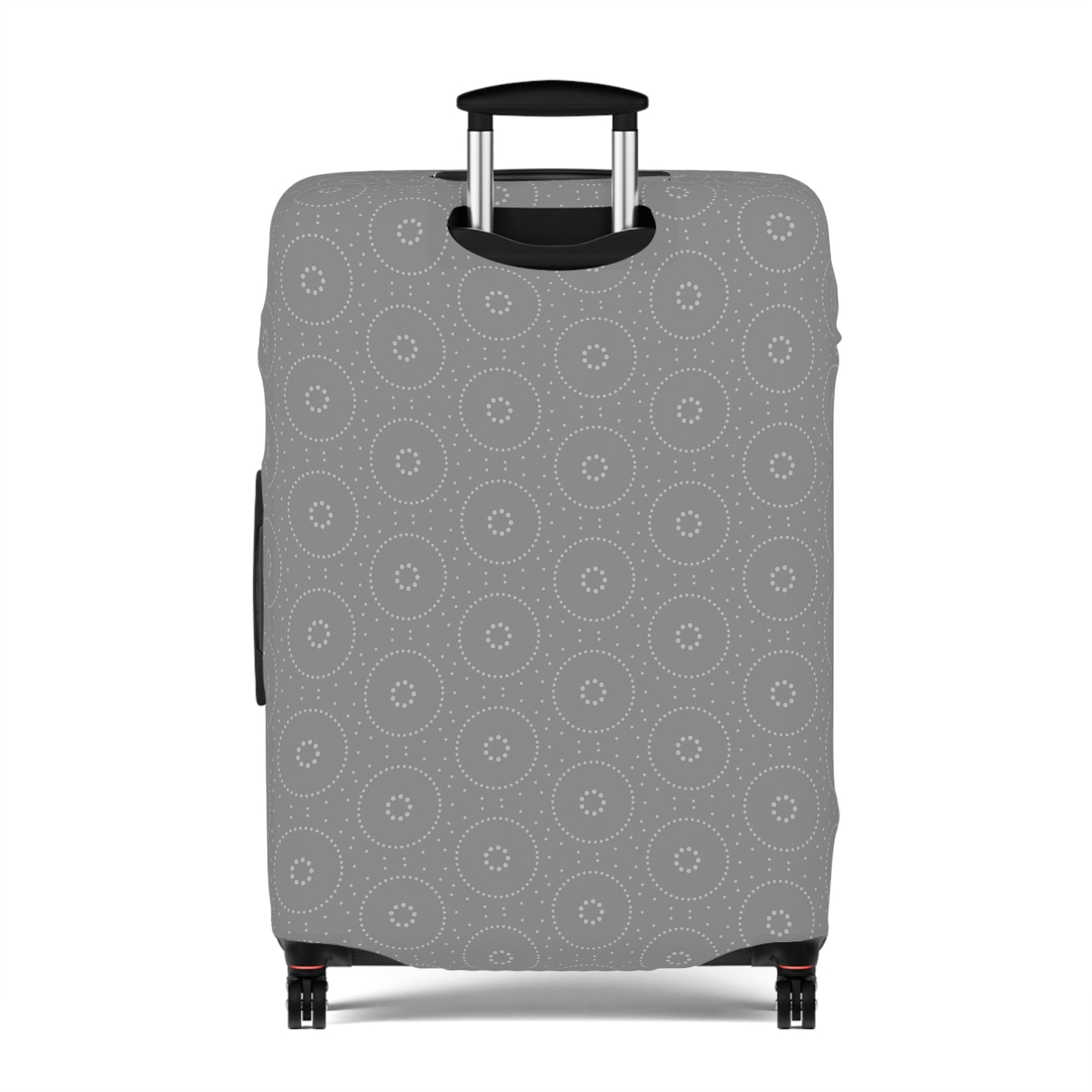 Lapland Lights gray stretch luggage cover with white circular snowflake pattern on rolling suitcase