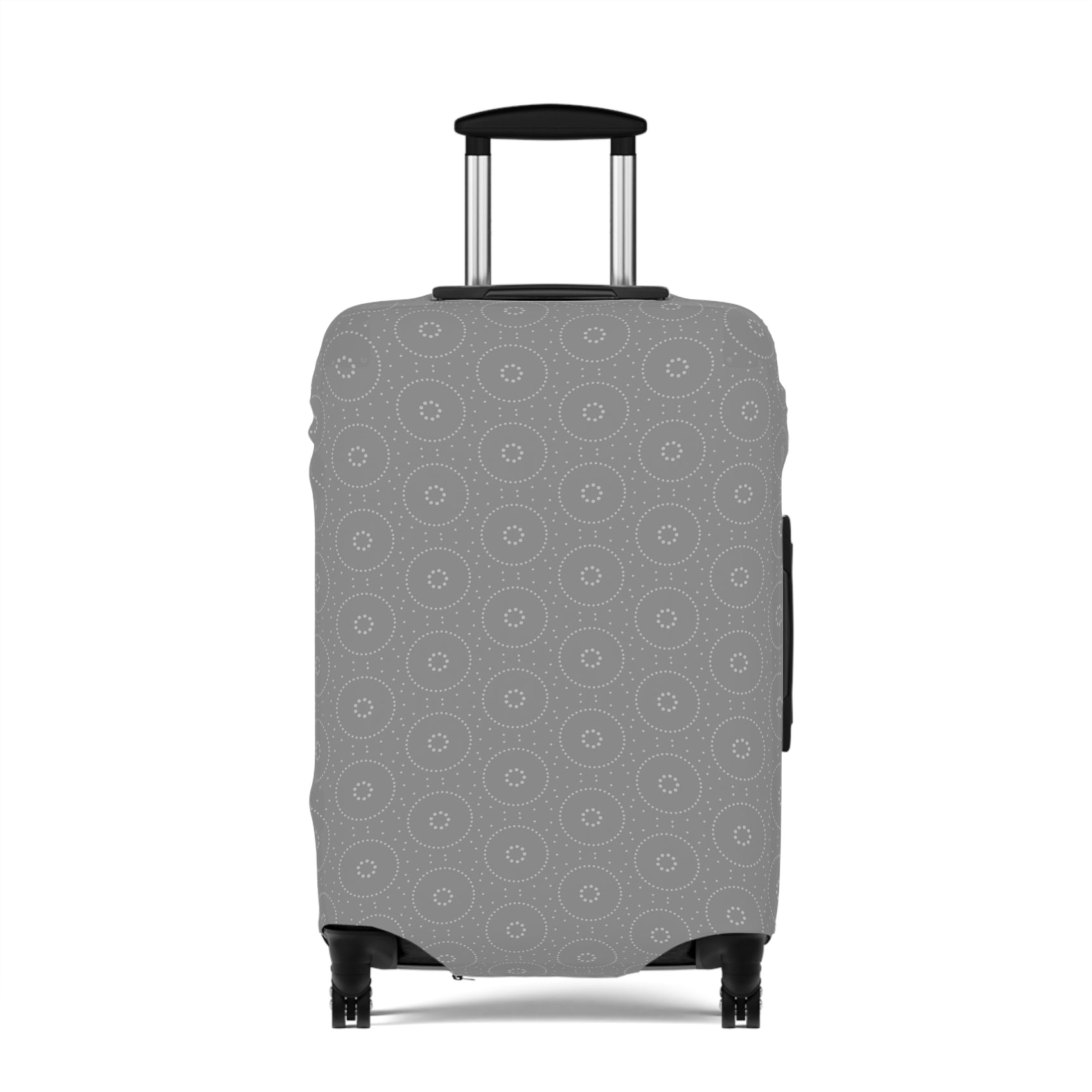 Lapland Lights gray stretch luggage cover with white circular snowflake pattern on rolling suitcase