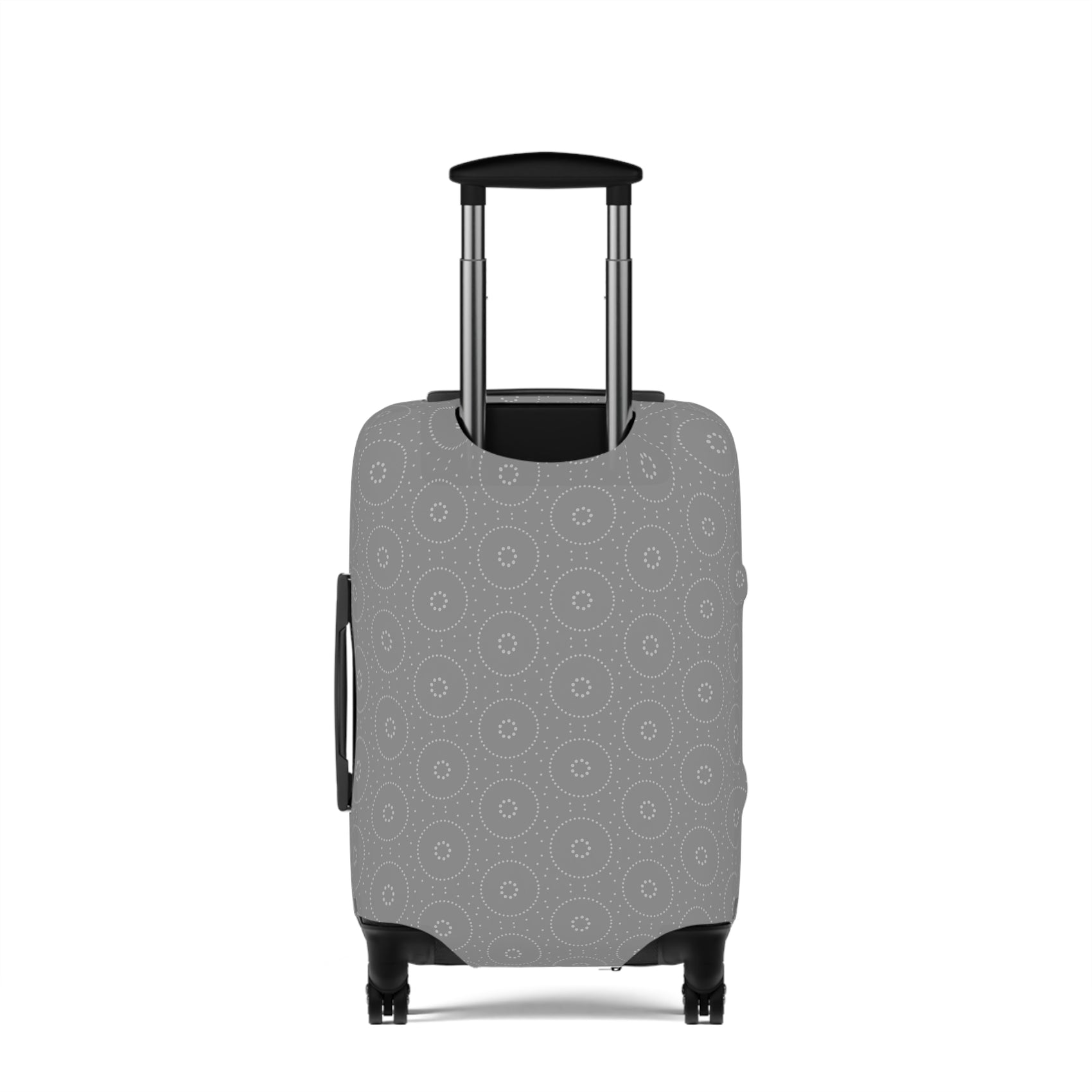 Lapland Lights gray stretch luggage cover with white circular snowflake pattern on rolling suitcase