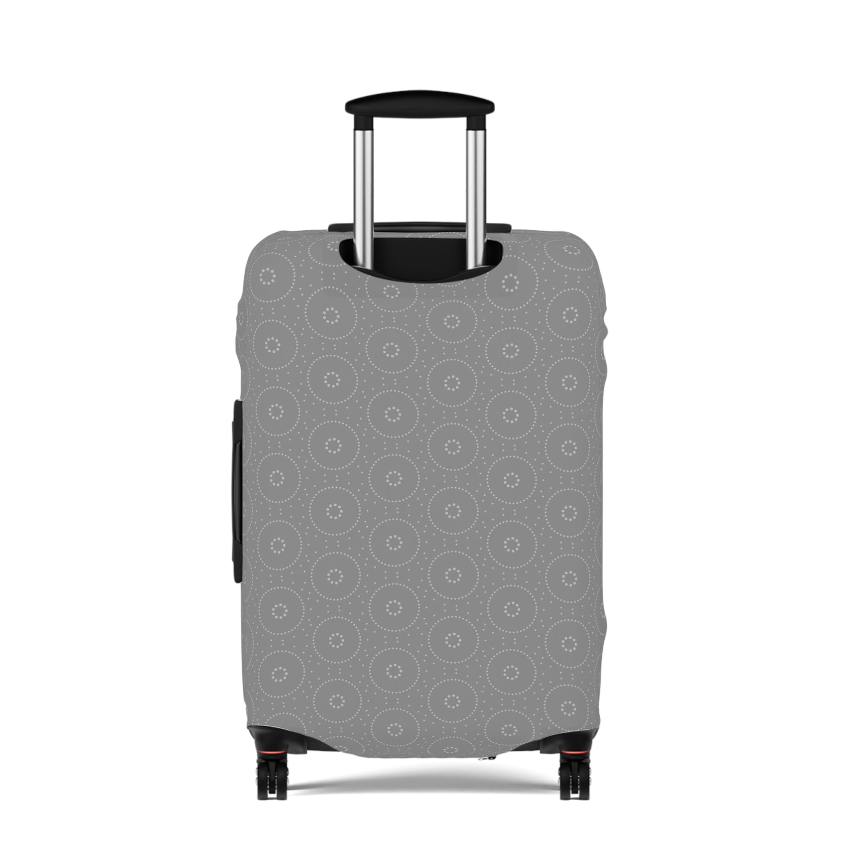 Lapland Lights gray stretch luggage cover with white circular snowflake pattern on rolling suitcase