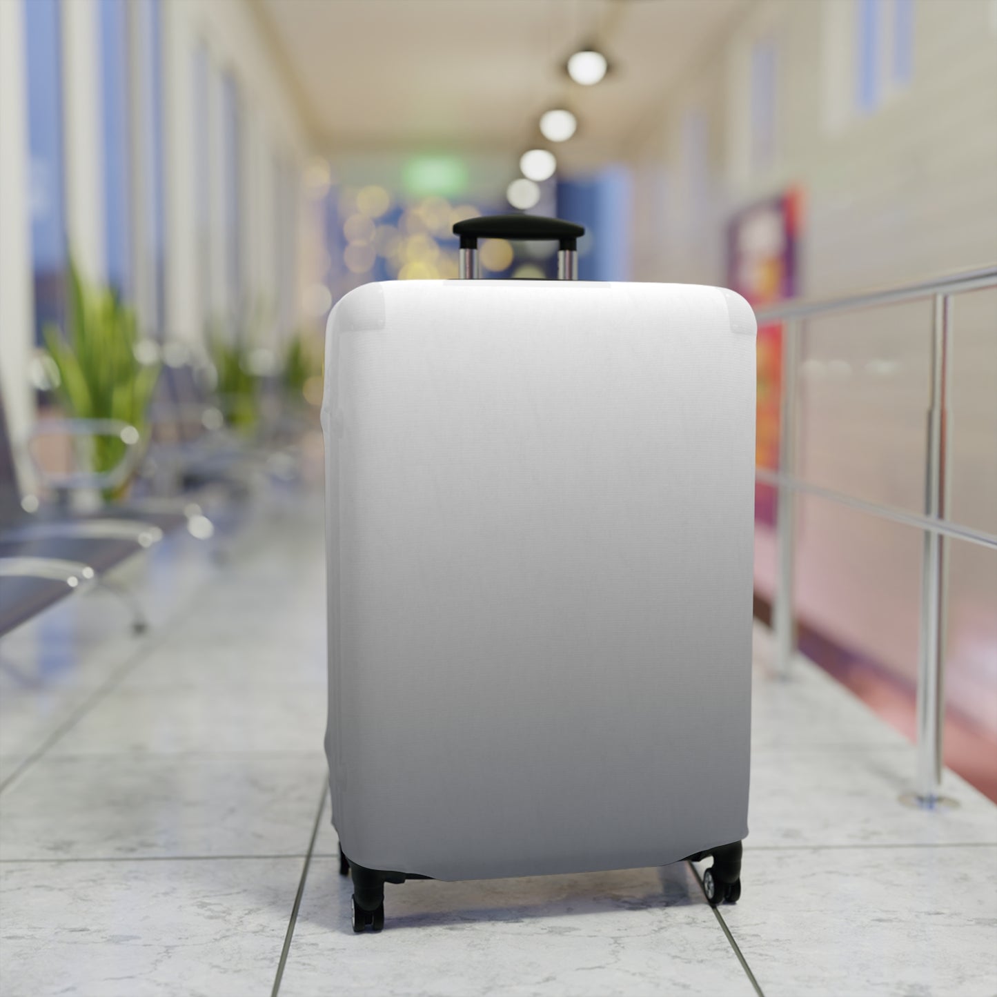 London Fog gray gradient stretch luggage cover fitted on rolling suitcase