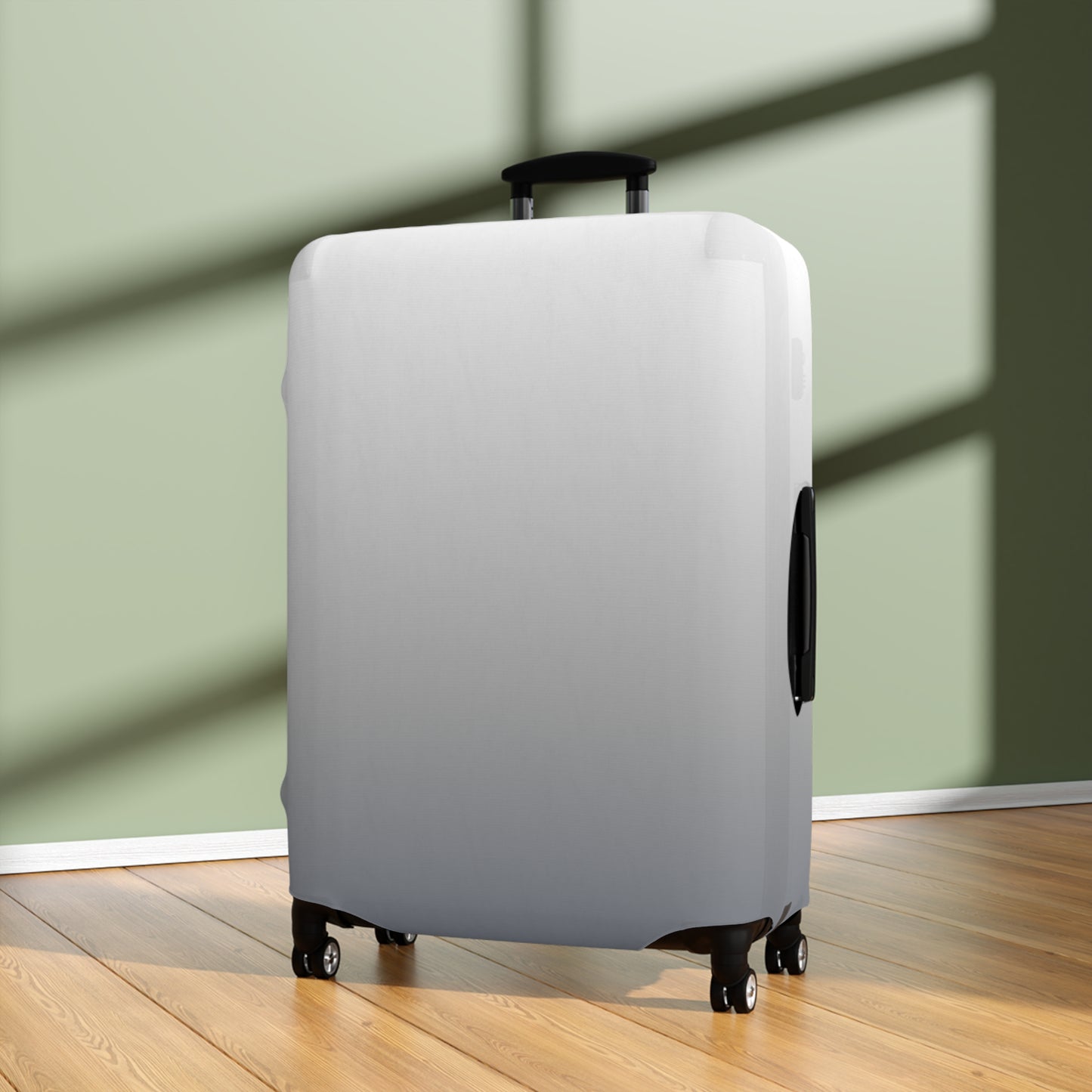 London Fog gray gradient stretch luggage cover fitted on rolling suitcase