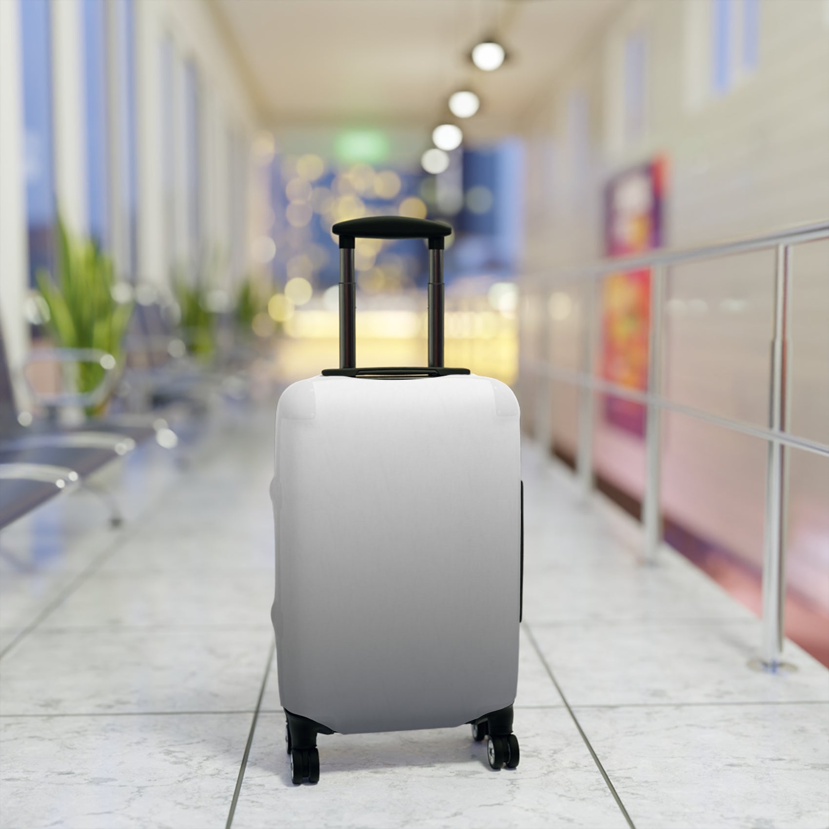 London Fog gray gradient stretch luggage cover fitted on rolling suitcase